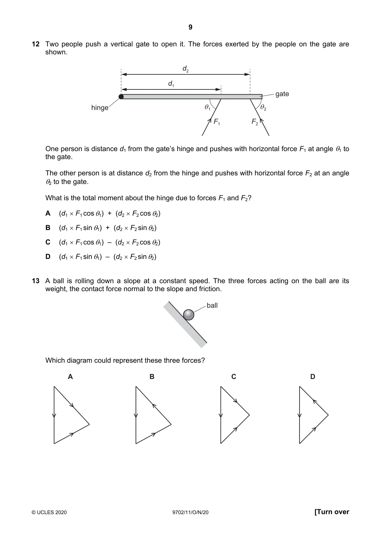 Cambridge A Level Physics 9702 2020 Oct/Nov Paper 1 · Variant 1 question paper, page 9 of 20