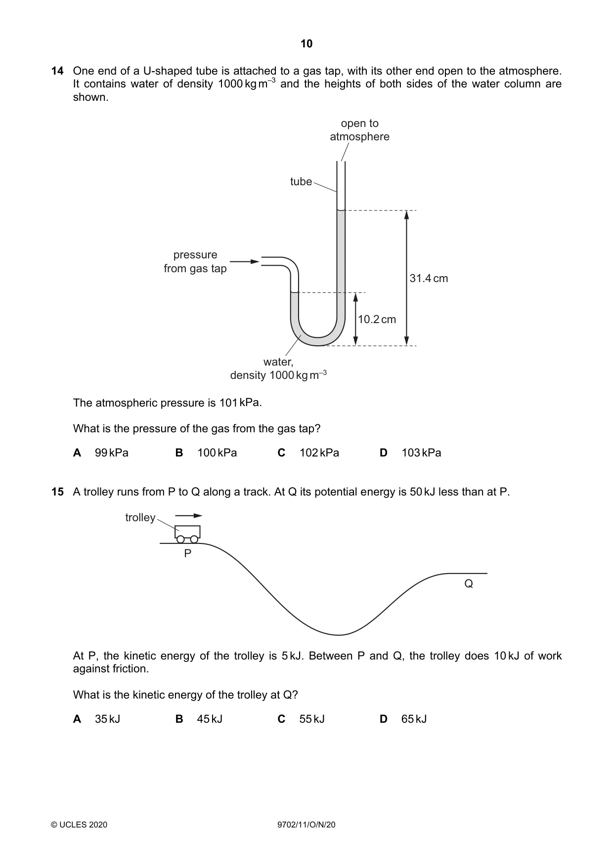 Cambridge A Level Physics 9702 2020 Oct/Nov Paper 1 · Variant 1 question paper, page 10 of 20