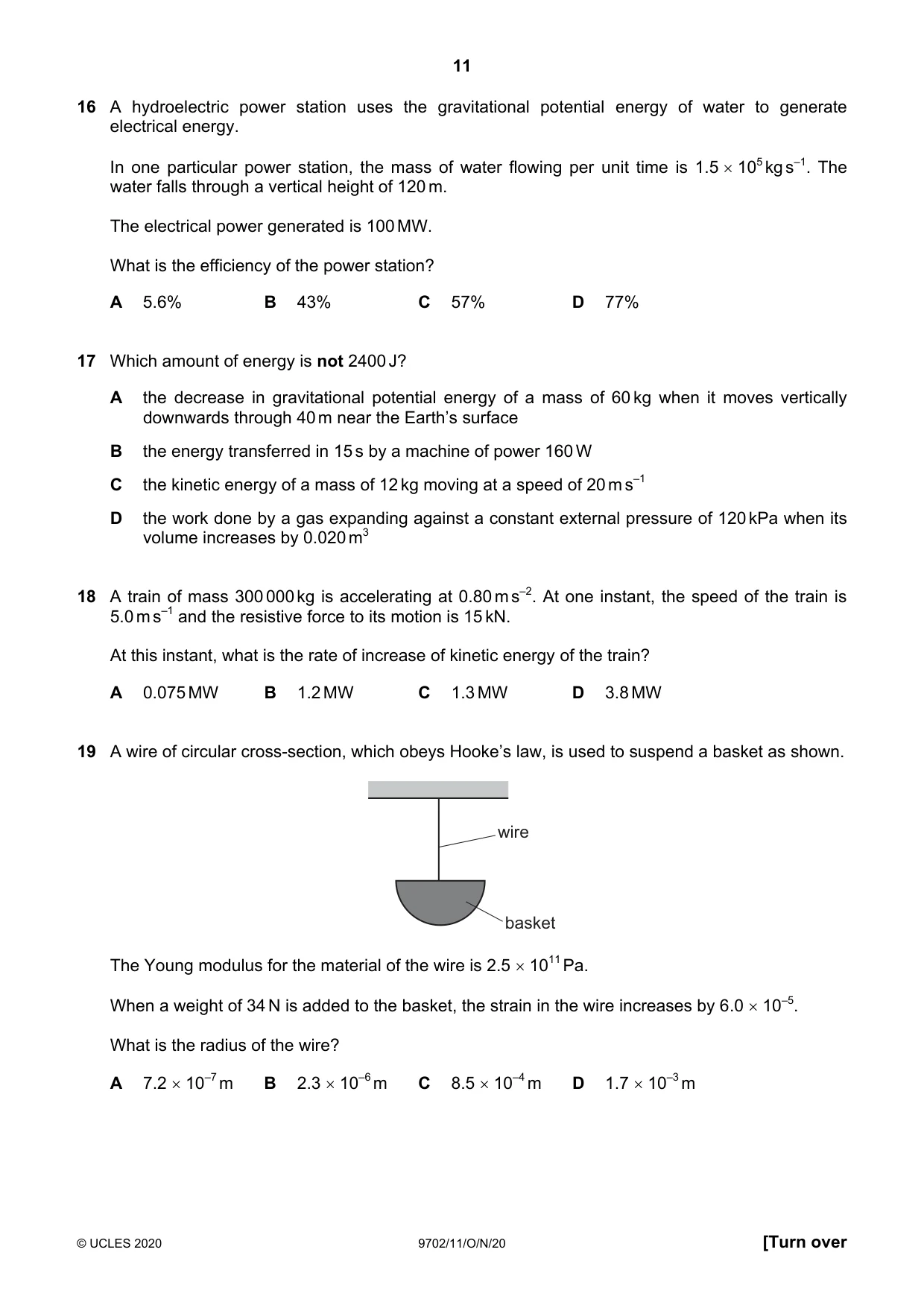 Cambridge A Level Physics 9702 2020 Oct/Nov Paper 1 · Variant 1 question paper, page 11 of 20