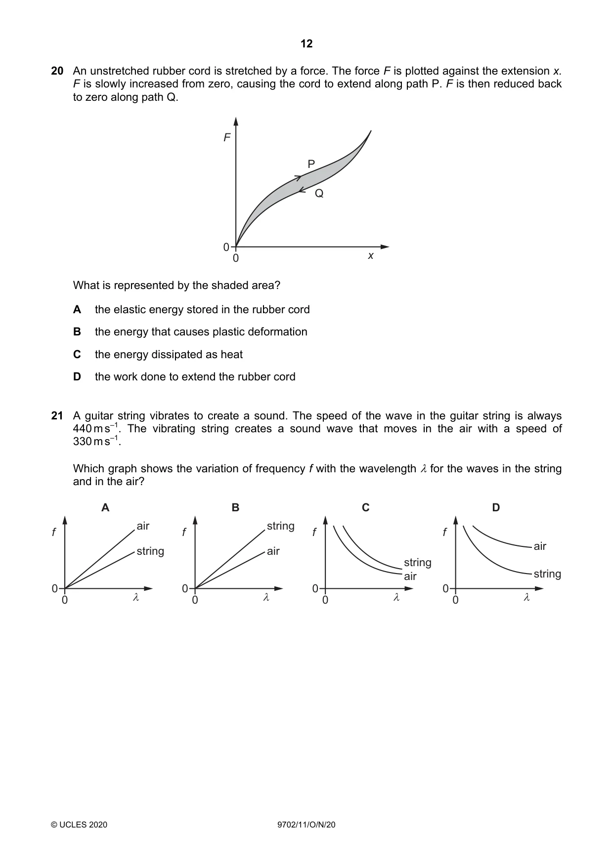Cambridge A Level Physics 9702 2020 Oct/Nov Paper 1 · Variant 1 question paper, page 12 of 20
