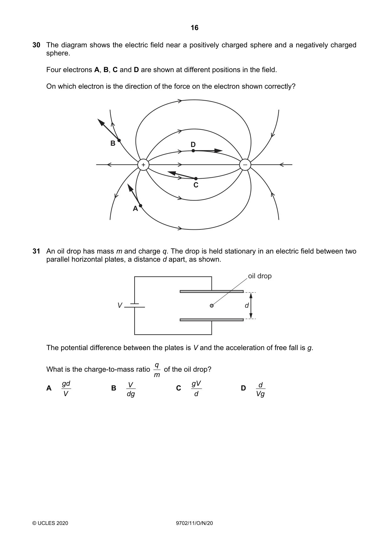 Cambridge A Level Physics 9702 2020 Oct/Nov Paper 1 · Variant 1 question paper, page 16 of 20