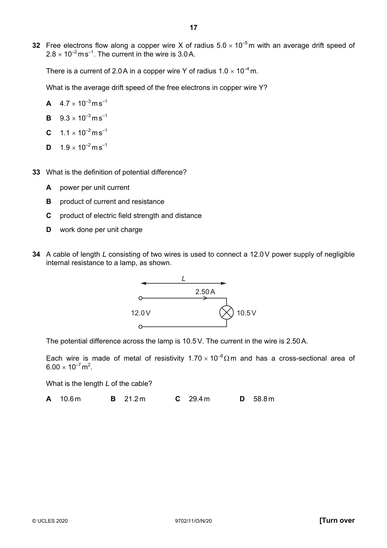 Cambridge A Level Physics 9702 2020 Oct/Nov Paper 1 · Variant 1 question paper, page 17 of 20