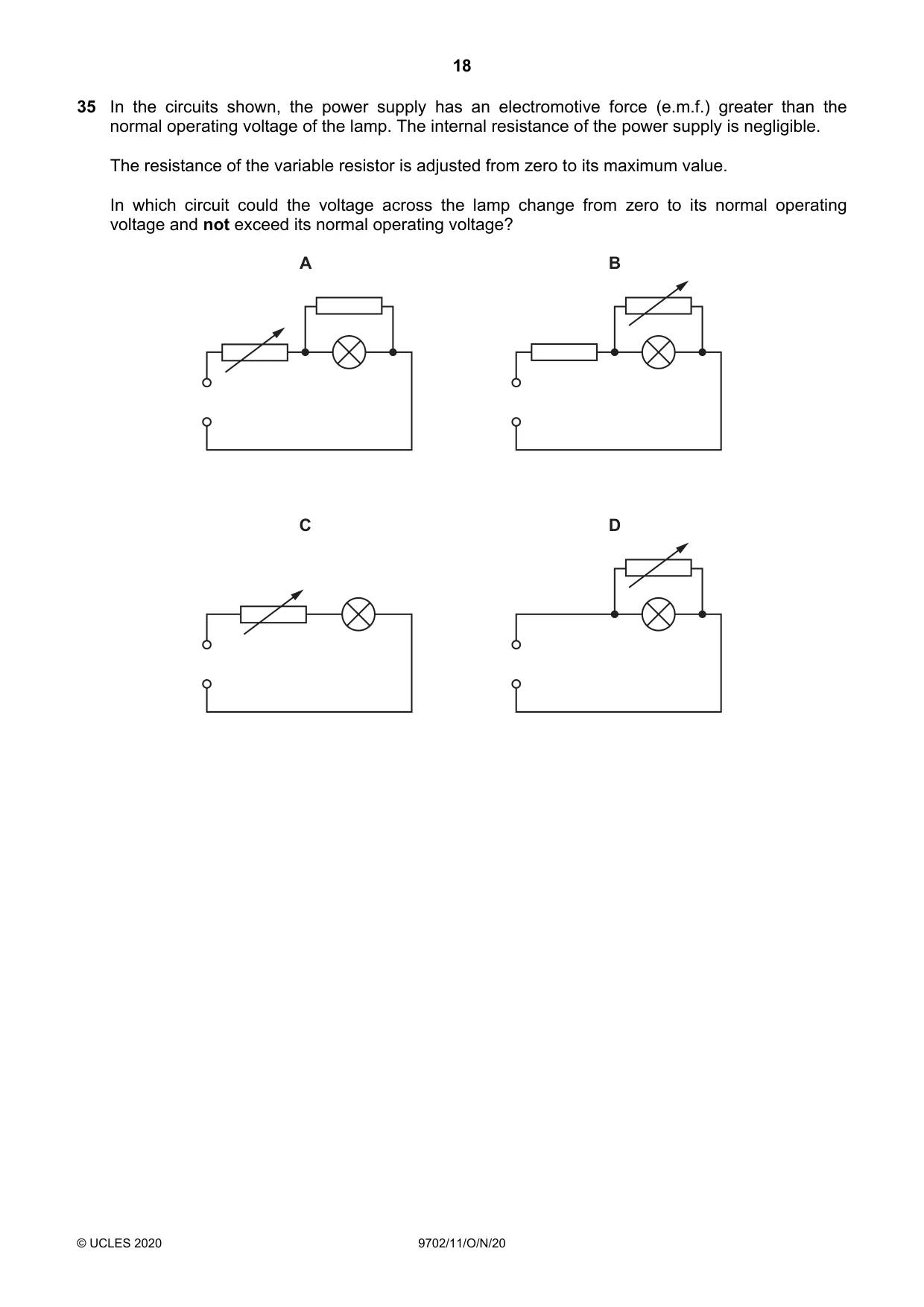 Cambridge A Level Physics 9702 2020 Oct/Nov Paper 1 · Variant 1 question paper, page 18 of 20