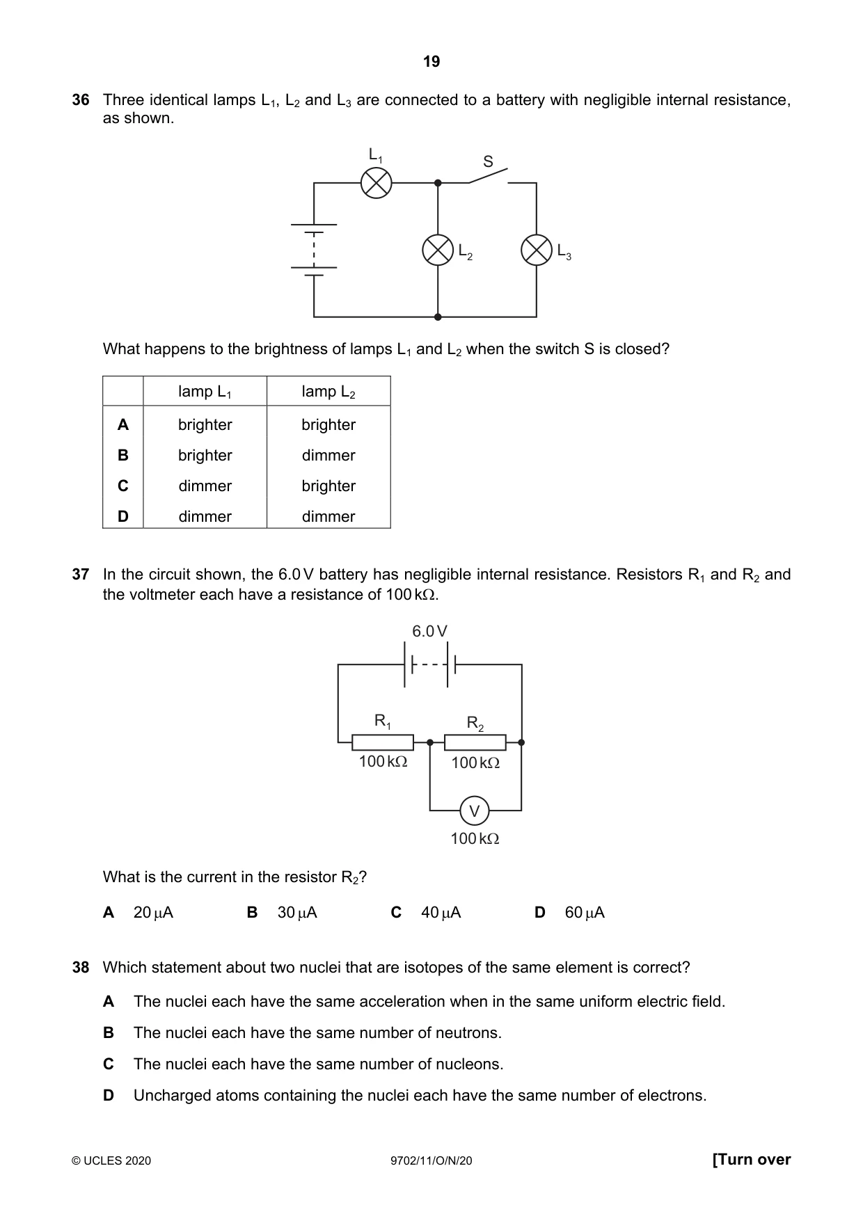 Cambridge A Level Physics 9702 2020 Oct/Nov Paper 1 · Variant 1 question paper, page 19 of 20
