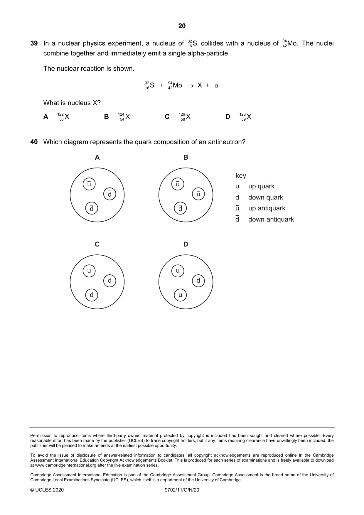 Cambridge A Level Physics 9702 2020 Oct/Nov Paper 1 · Variant 1 question paper, page 20 of 20