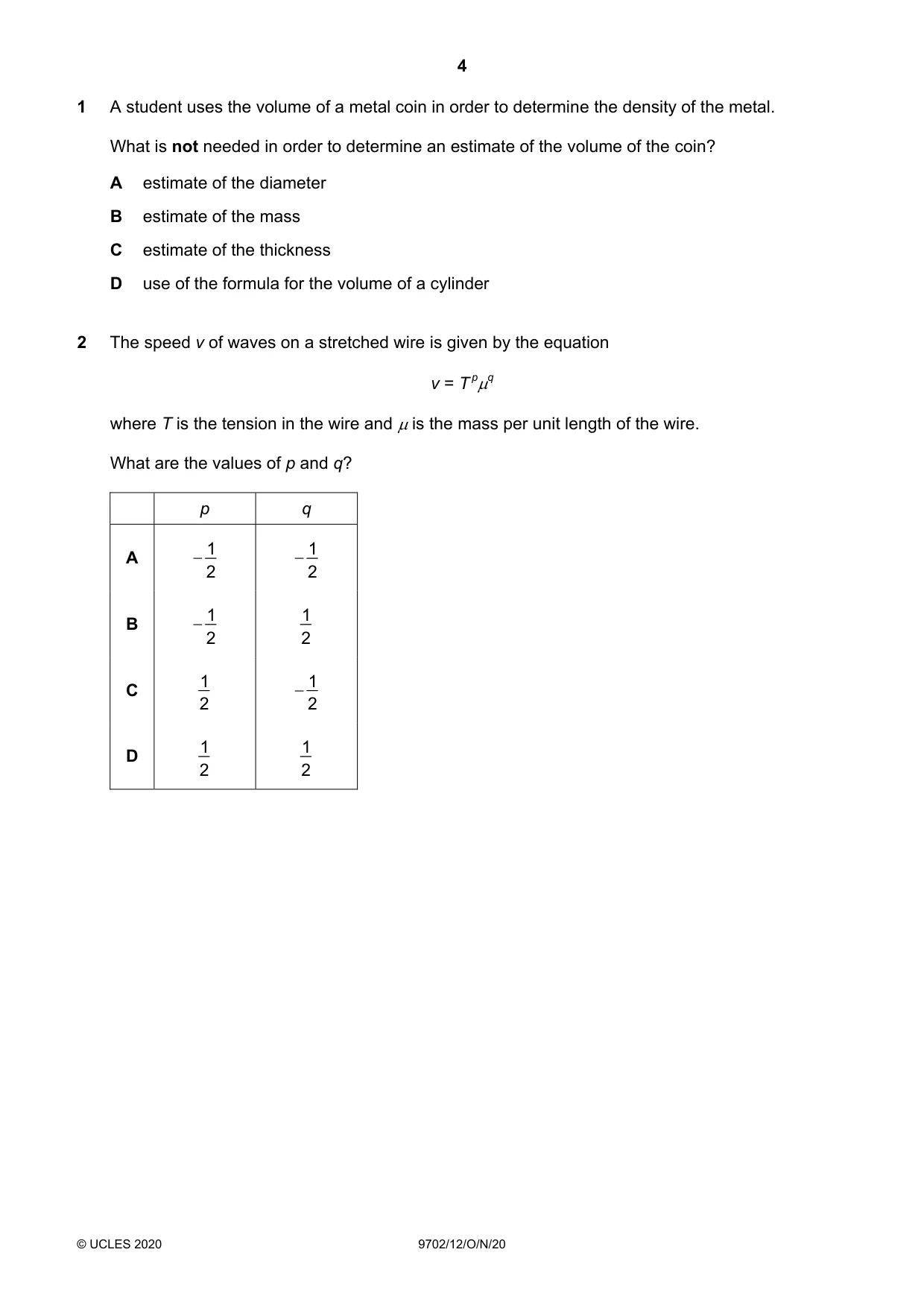 Cambridge A Level Physics 9702 2020 Oct/Nov Paper 1 · Variant 2 question paper, page 4 of 24