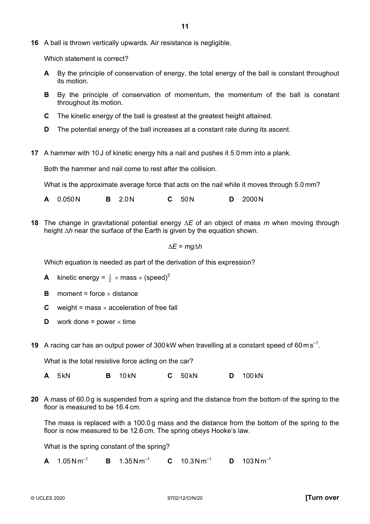 Cambridge A Level Physics 9702 2020 Oct/Nov Paper 1 · Variant 2 question paper, page 11 of 24
