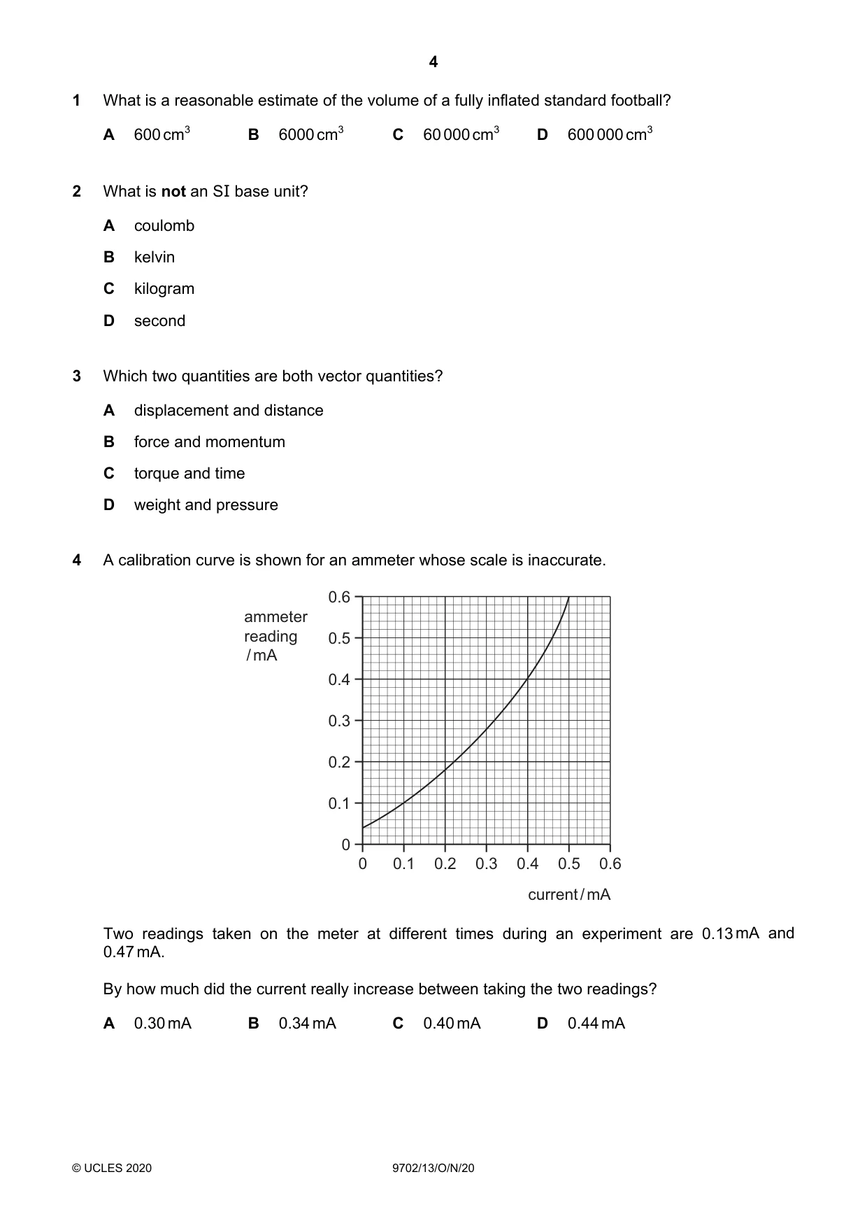 Cambridge A Level Physics 9702 2020 Oct/Nov Paper 1 · Variant 3 question paper, page 4 of 20
