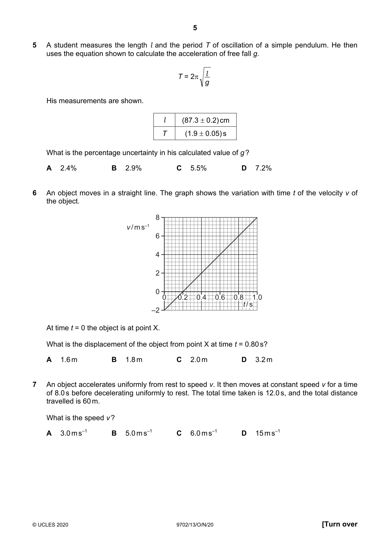 Cambridge A Level Physics 9702 2020 Oct/Nov Paper 1 · Variant 3 question paper, page 5 of 20
