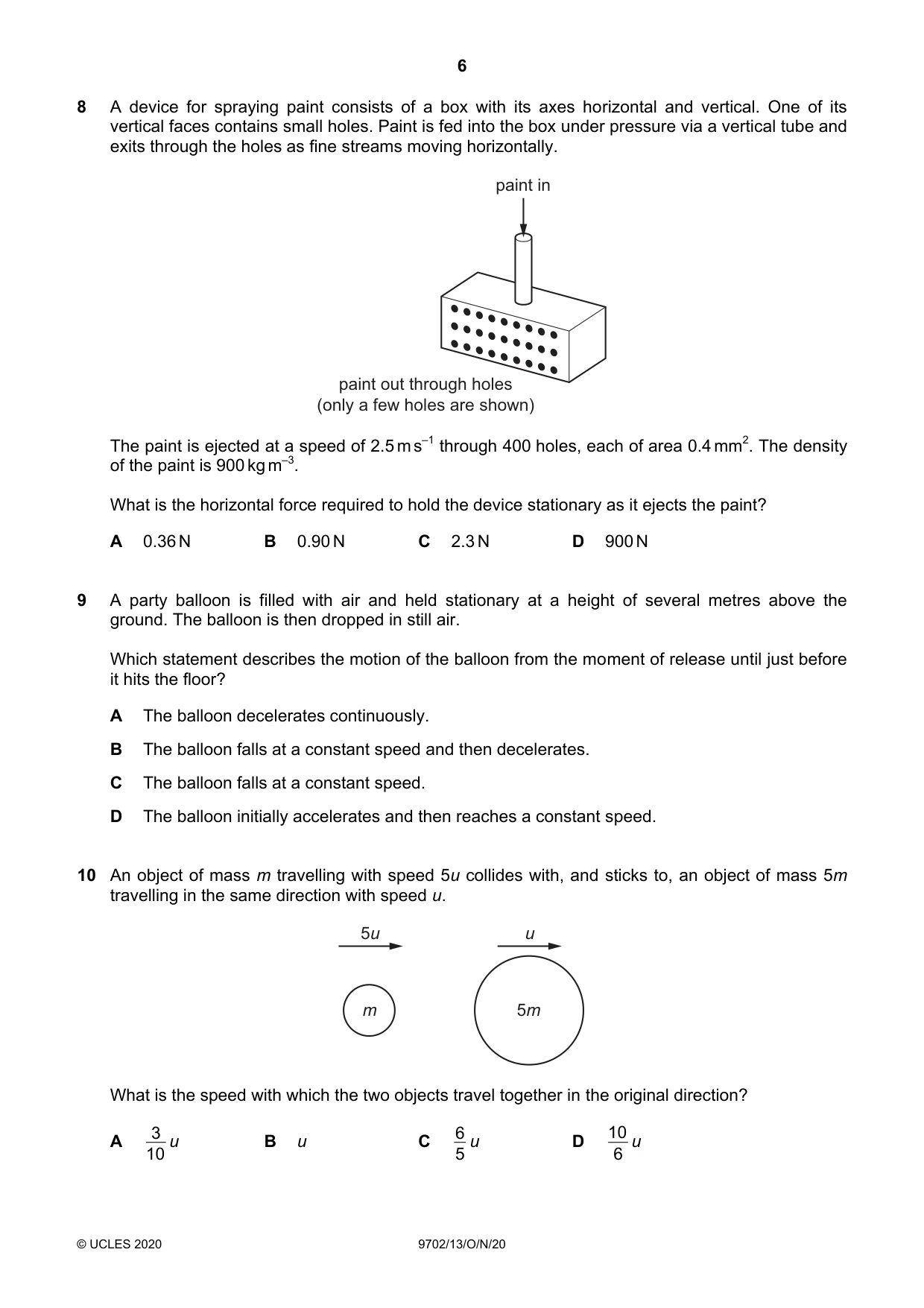 Cambridge A Level Physics 9702 2020 Oct/Nov Paper 1 · Variant 3 question paper, page 6 of 20