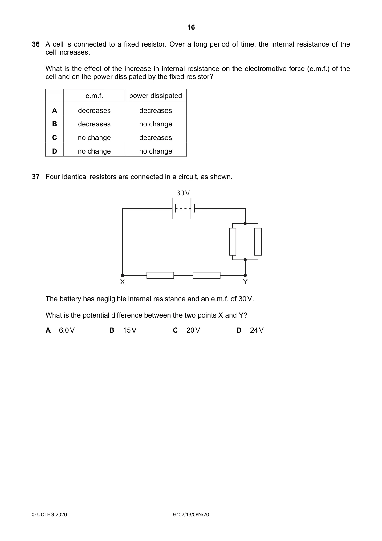 Cambridge A Level Physics 9702 2020 Oct/Nov Paper 1 · Variant 3 question paper, page 16 of 20