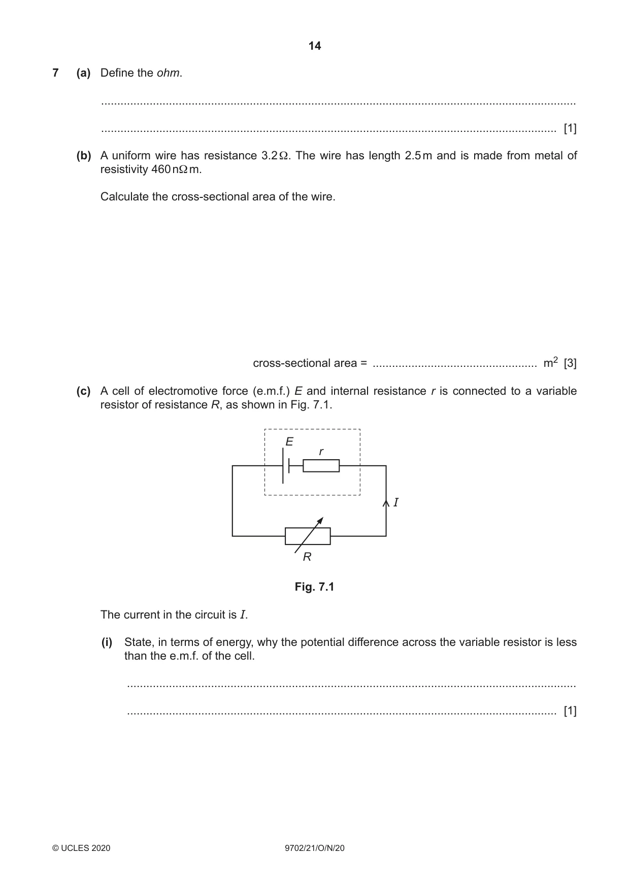 Cambridge A Level Physics 9702 2020 Oct/Nov Paper 2 · Variant 1 question paper, page 14 of 16