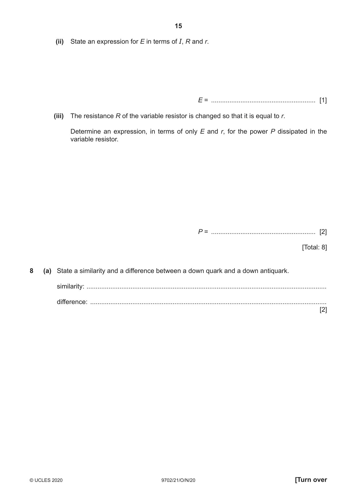Cambridge A Level Physics 9702 2020 Oct/Nov Paper 2 · Variant 1 question paper, page 15 of 16