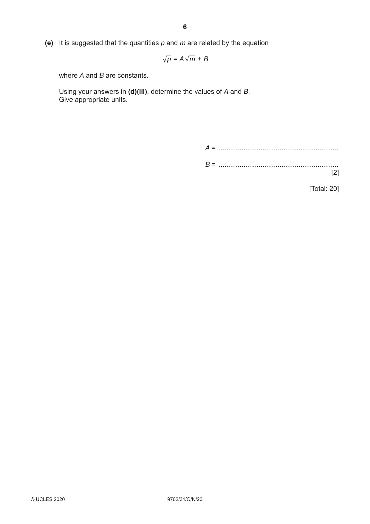 Cambridge A Level Physics 9702 2020 Oct/Nov Paper 3 · Variant 1 question paper, page 6 of 12