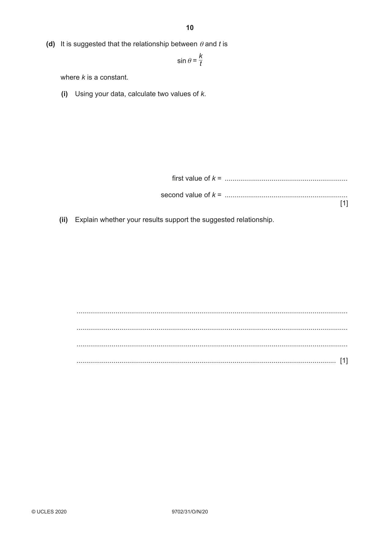 Cambridge A Level Physics 9702 2020 Oct/Nov Paper 3 · Variant 1 question paper, page 10 of 12