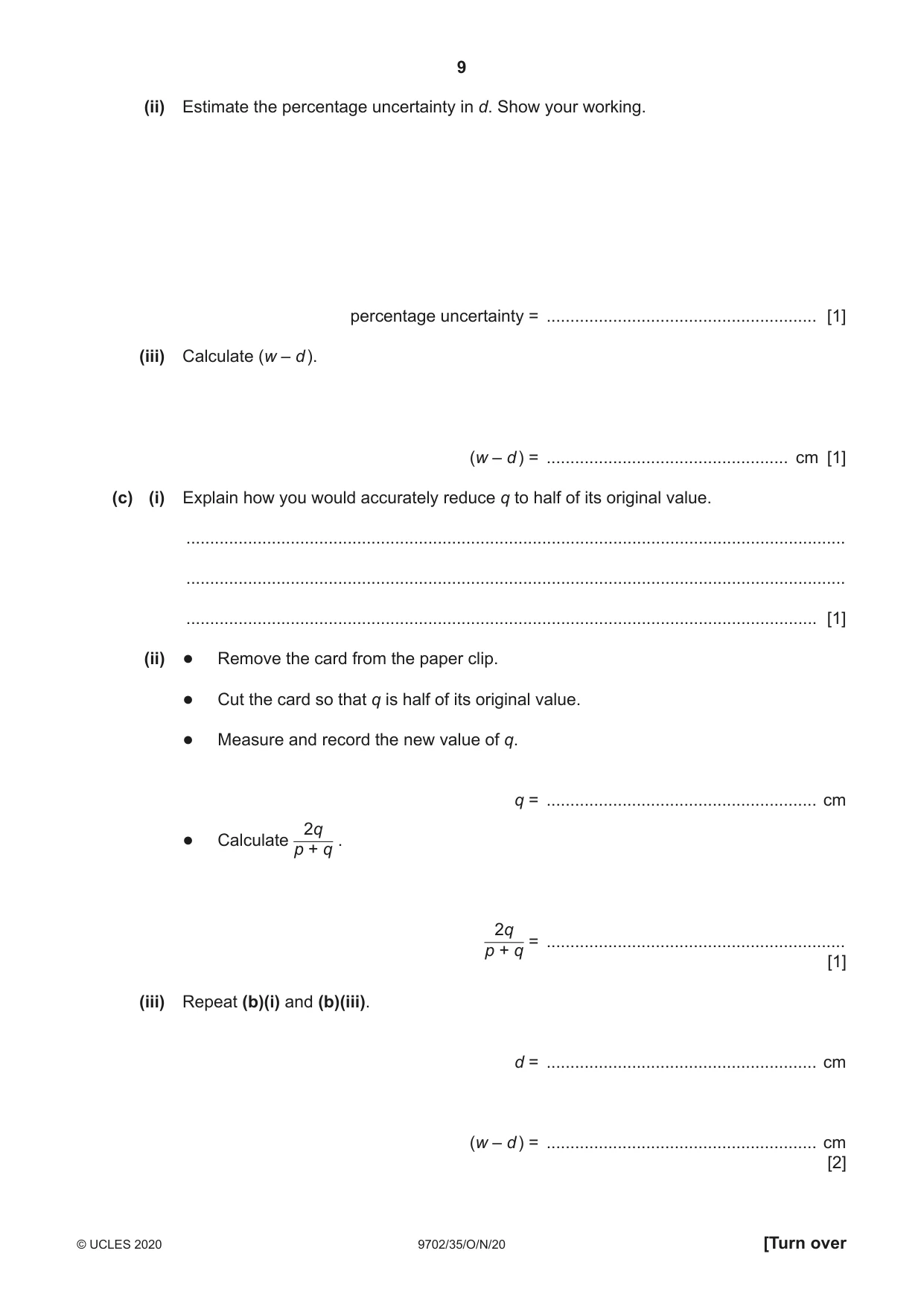 Cambridge A Level Physics 9702 2020 Oct/Nov Paper 3 · Variant 5 question paper, page 9 of 12