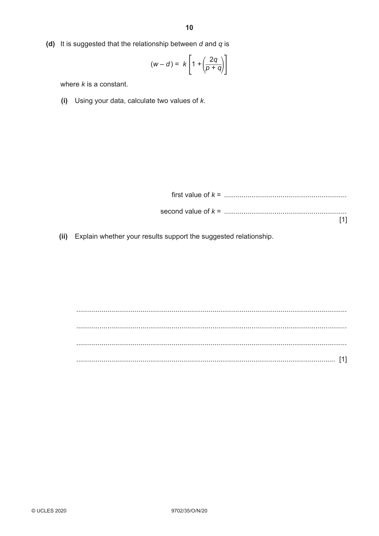 Cambridge A Level Physics 9702 2020 Oct/Nov Paper 3 · Variant 5 question paper, page 10 of 12