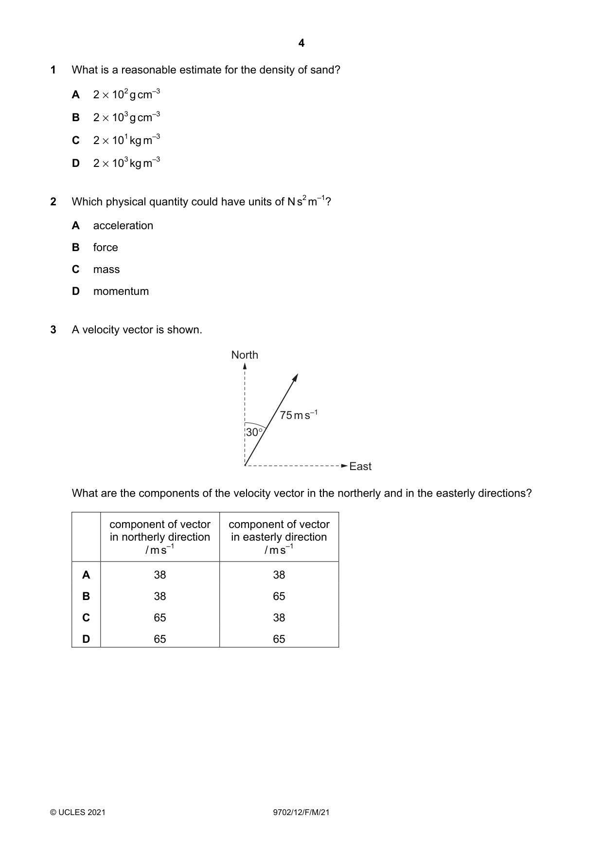 Cambridge A Level Physics 9702 2021 Feb/March Paper 1 · Variant 2 question paper, page 4 of 20
