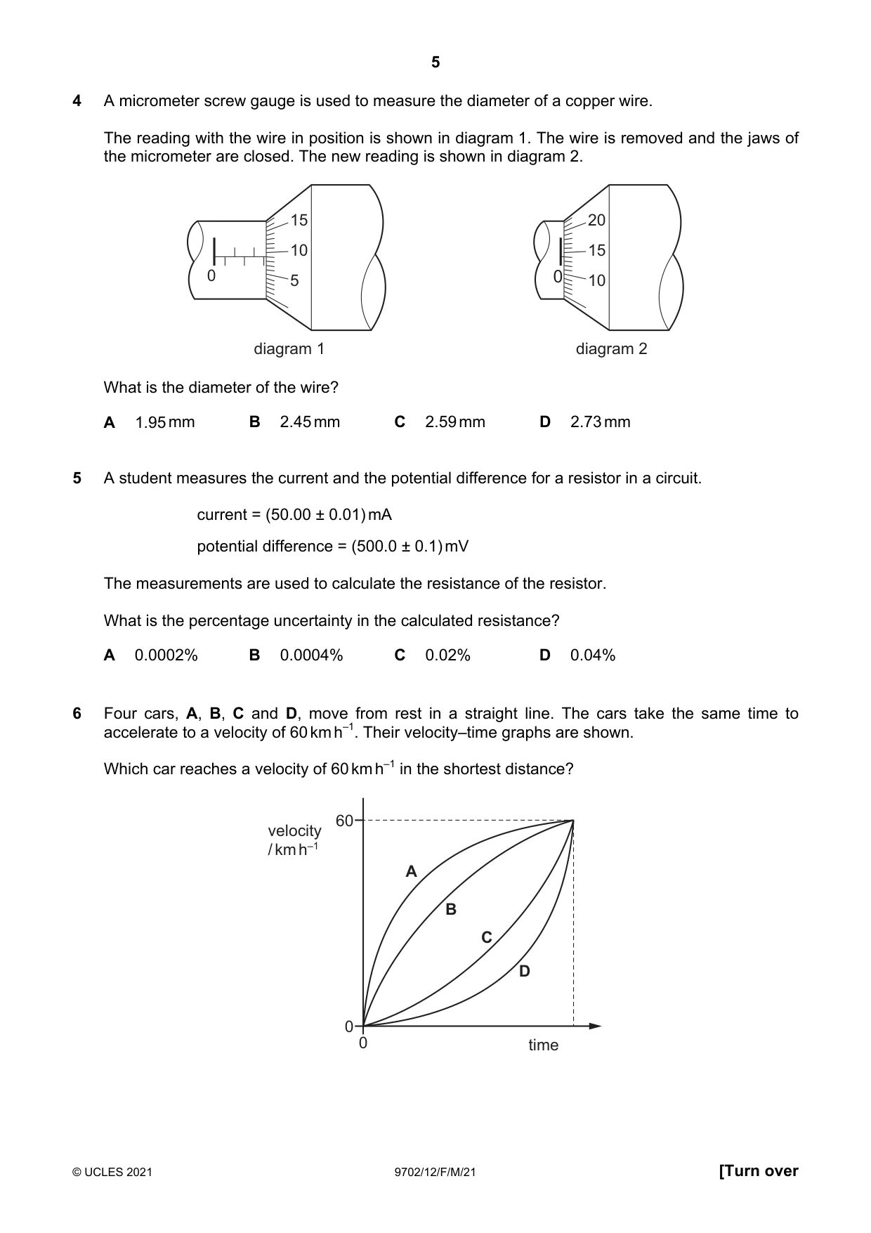 Cambridge A Level Physics 9702 2021 Feb/March Paper 1 · Variant 2 question paper, page 5 of 20