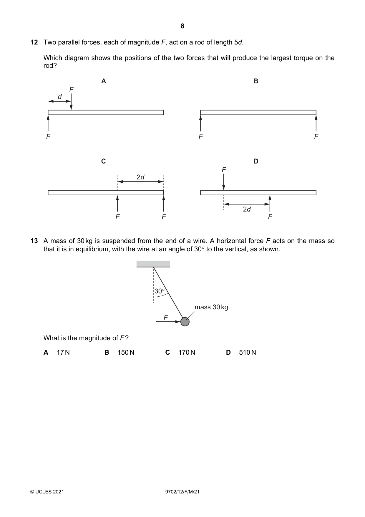 Cambridge A Level Physics 9702 2021 Feb/March Paper 1 · Variant 2 question paper, page 8 of 20