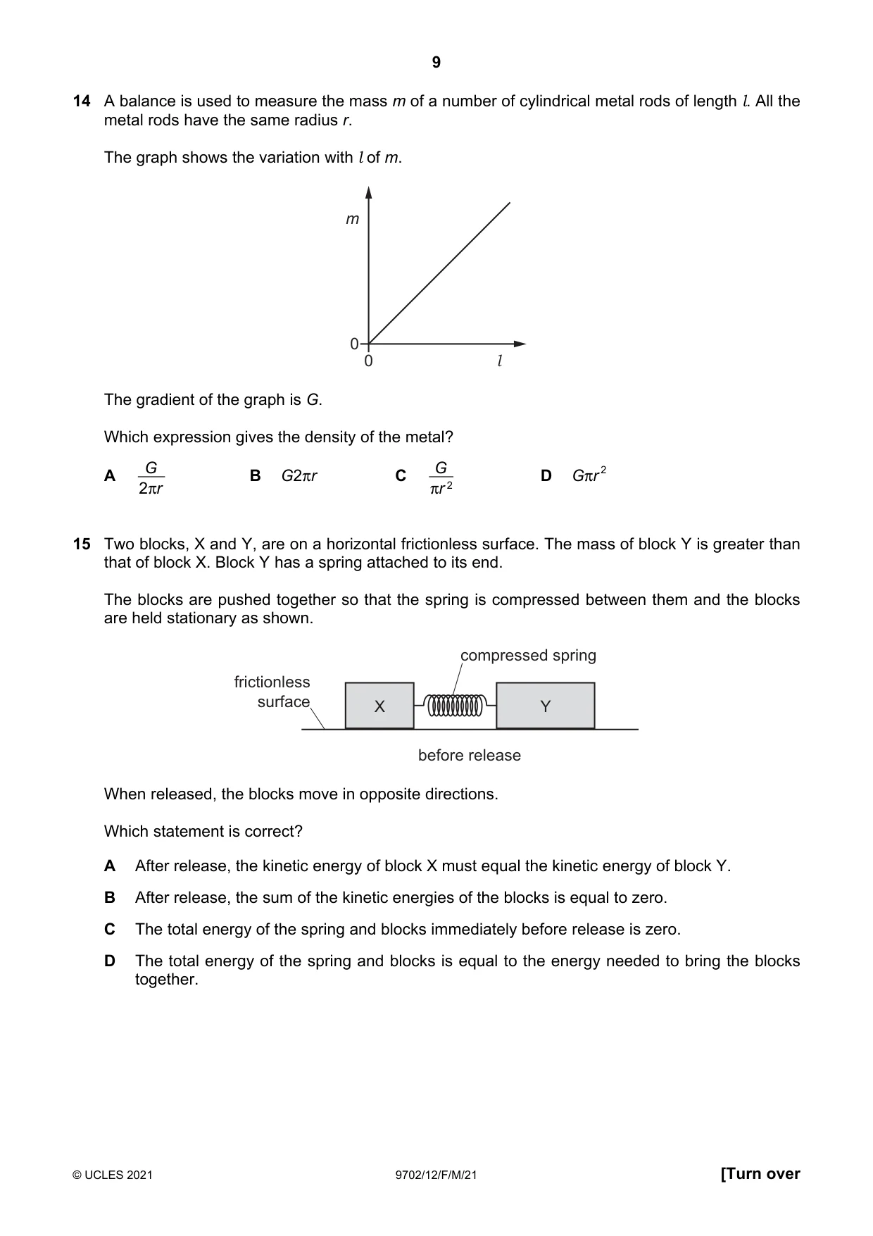 Cambridge A Level Physics 9702 2021 Feb/March Paper 1 · Variant 2 question paper, page 9 of 20
