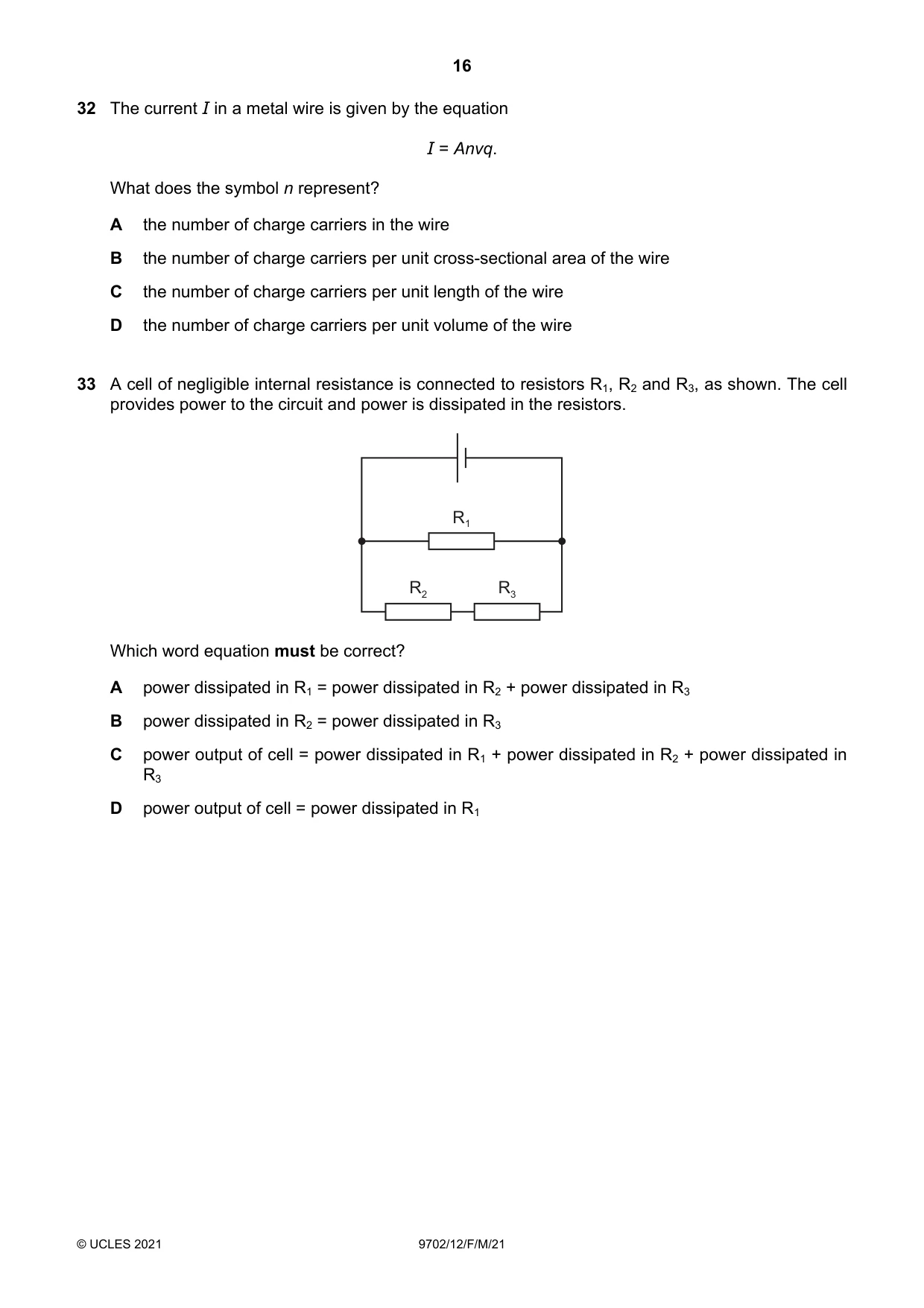 Cambridge A Level Physics 9702 2021 Feb/March Paper 1 · Variant 2 question paper, page 16 of 20