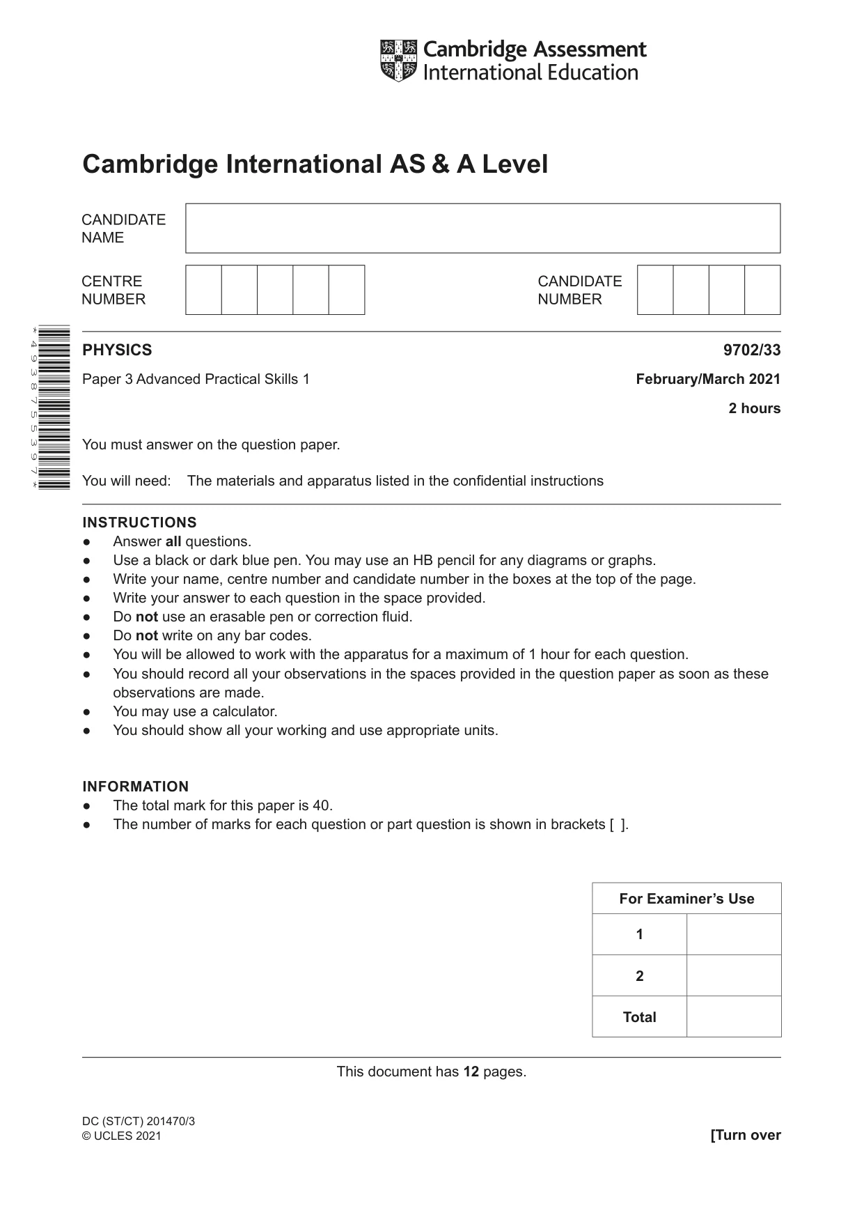 Cambridge A Level Physics 9702 2021 Feb/March Paper 3 · Variant 3 question paper, page 1 of 12