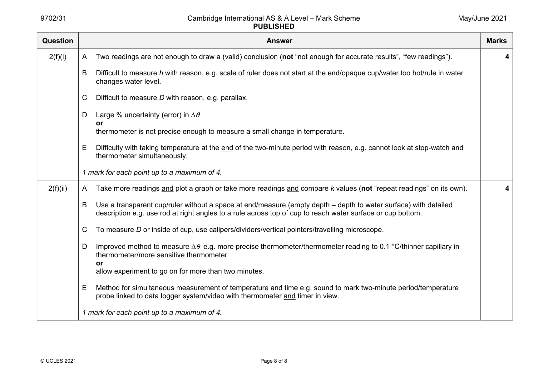 Mark scheme, page 8 of 8
