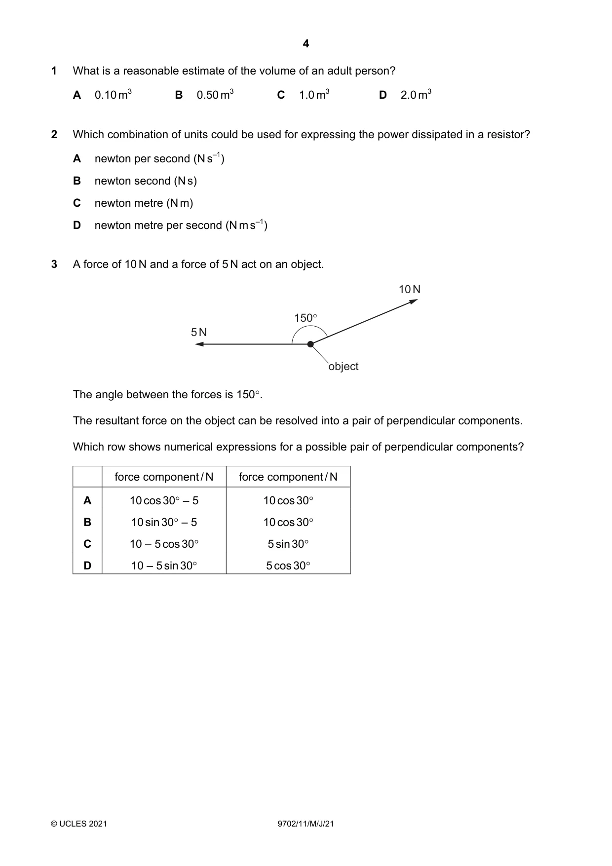 Cambridge A Level Physics 9702 2021 May/June Paper 1 · Variant 1 question paper, page 4 of 20
