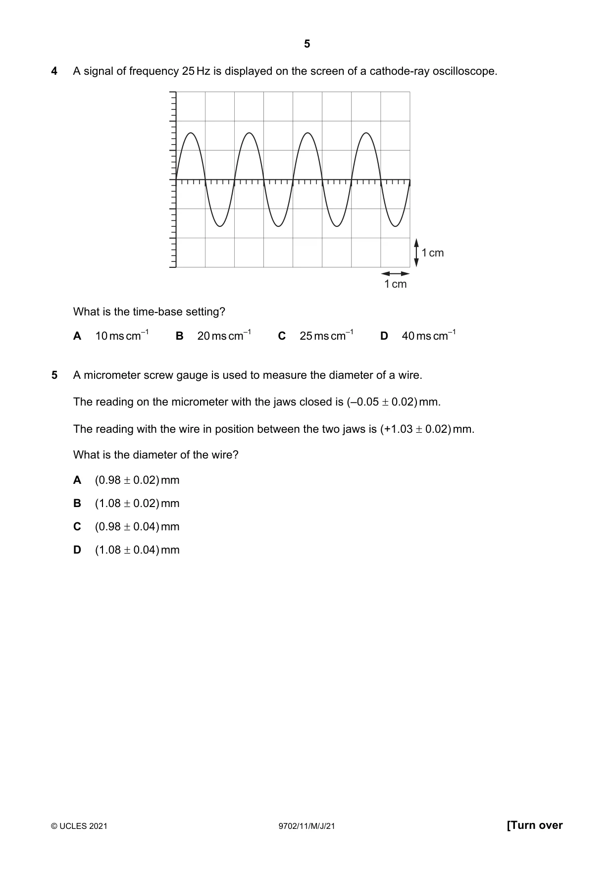 Cambridge A Level Physics 9702 2021 May/June Paper 1 · Variant 1 question paper, page 5 of 20
