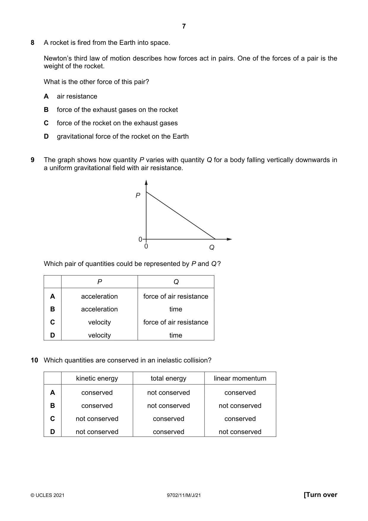 Cambridge A Level Physics 9702 2021 May/June Paper 1 · Variant 1 question paper, page 7 of 20