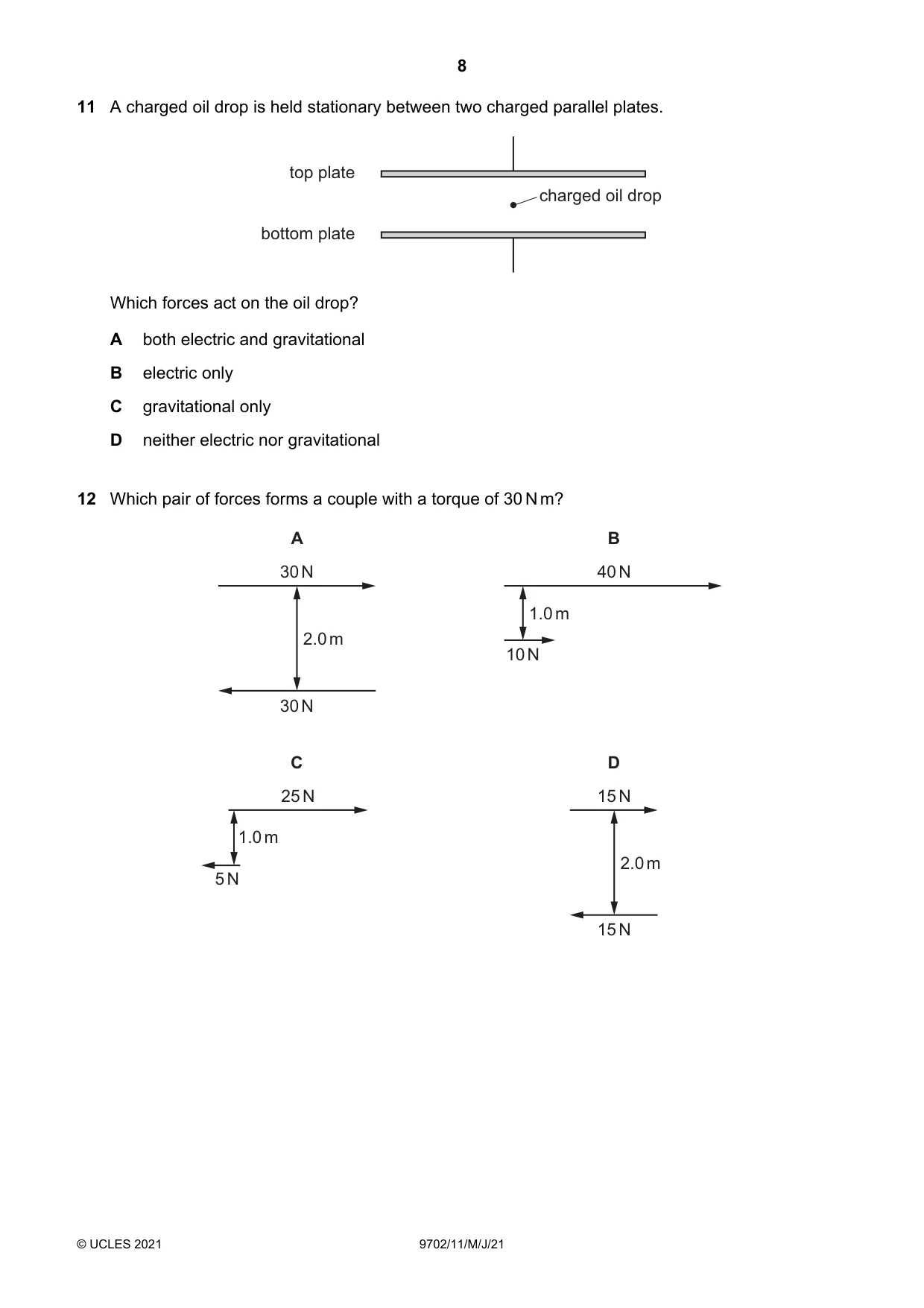 Cambridge A Level Physics 9702 2021 May/June Paper 1 · Variant 1 question paper, page 8 of 20