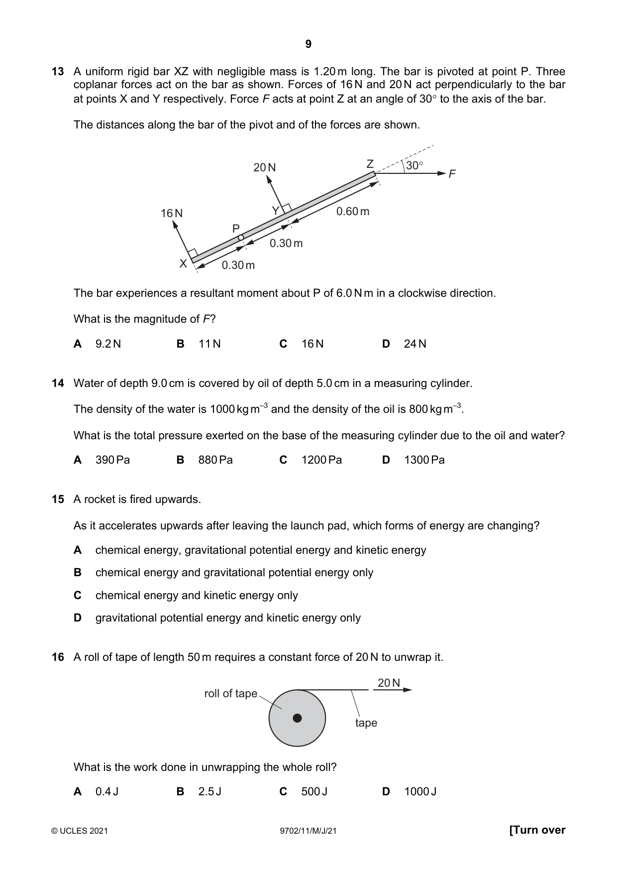 Cambridge A Level Physics 9702 2021 May/June Paper 1 · Variant 1 question paper, page 9 of 20