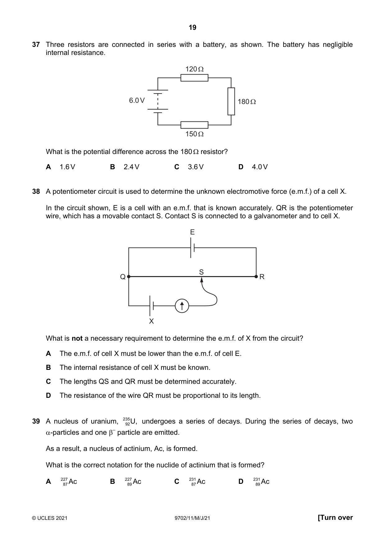 Cambridge A Level Physics 9702 2021 May/June Paper 1 · Variant 1 question paper, page 19 of 20