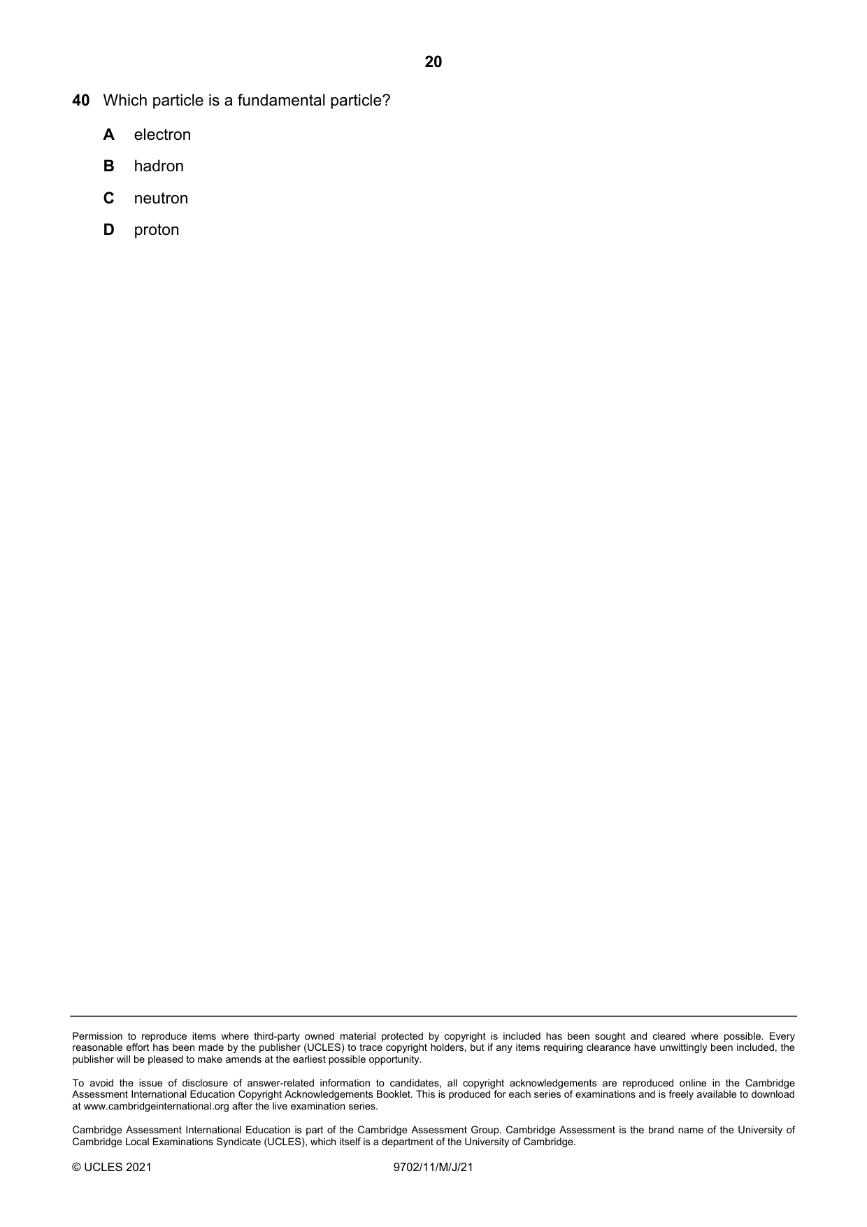 Cambridge A Level Physics 9702 2021 May/June Paper 1 · Variant 1 question paper, page 20 of 20