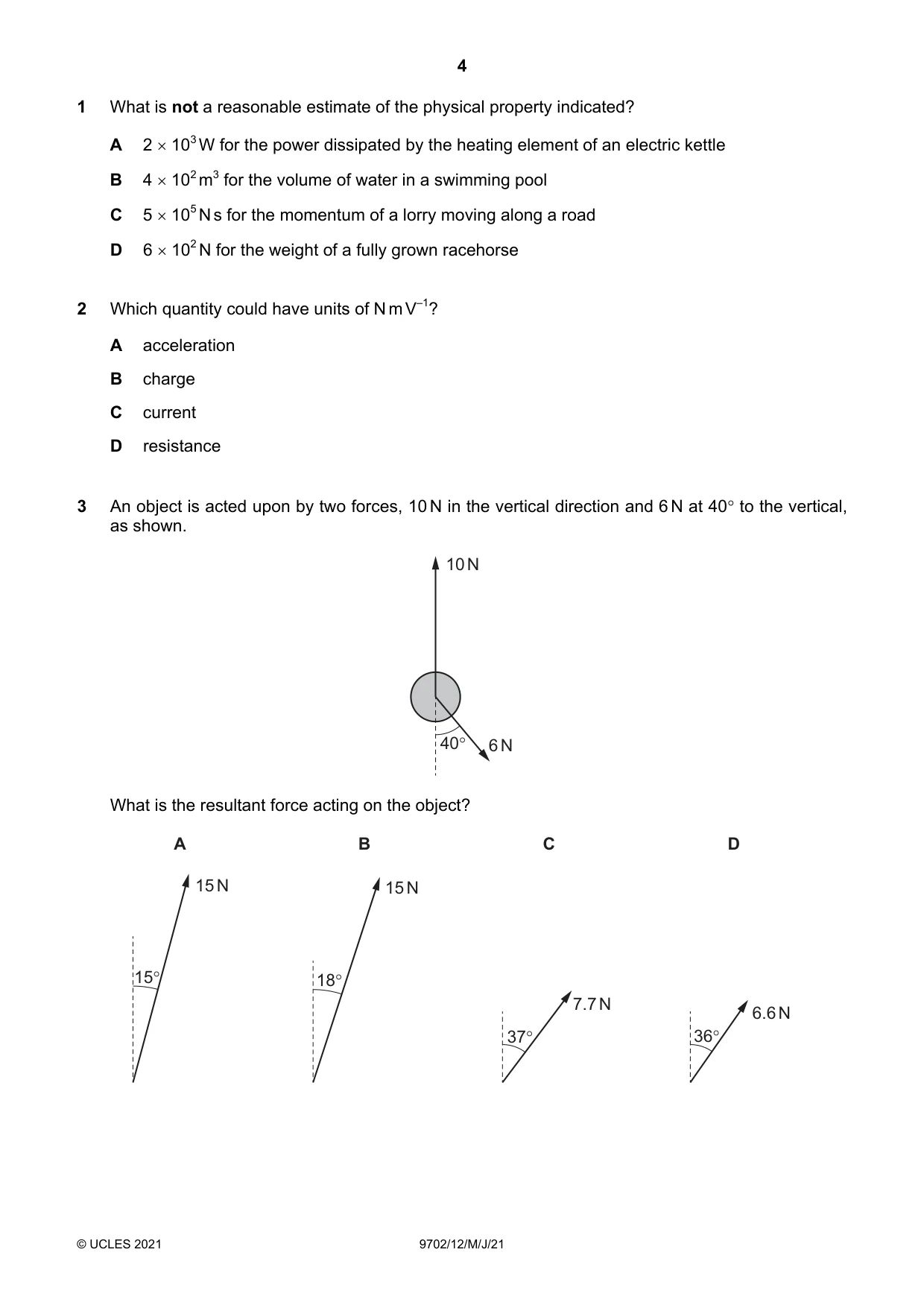 Cambridge A Level Physics 9702 2021 May/June Paper 1 · Variant 2 question paper, page 4 of 20