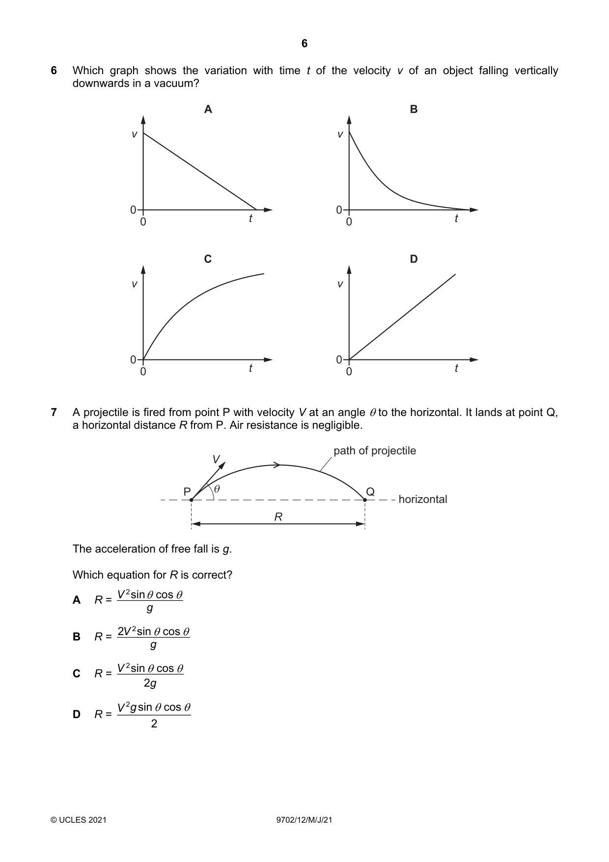 Cambridge A Level Physics 9702 2021 May/June Paper 1 · Variant 2 question paper, page 6 of 20