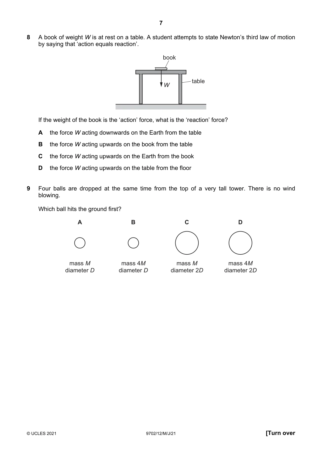 Cambridge A Level Physics 9702 2021 May/June Paper 1 · Variant 2 question paper, page 7 of 20