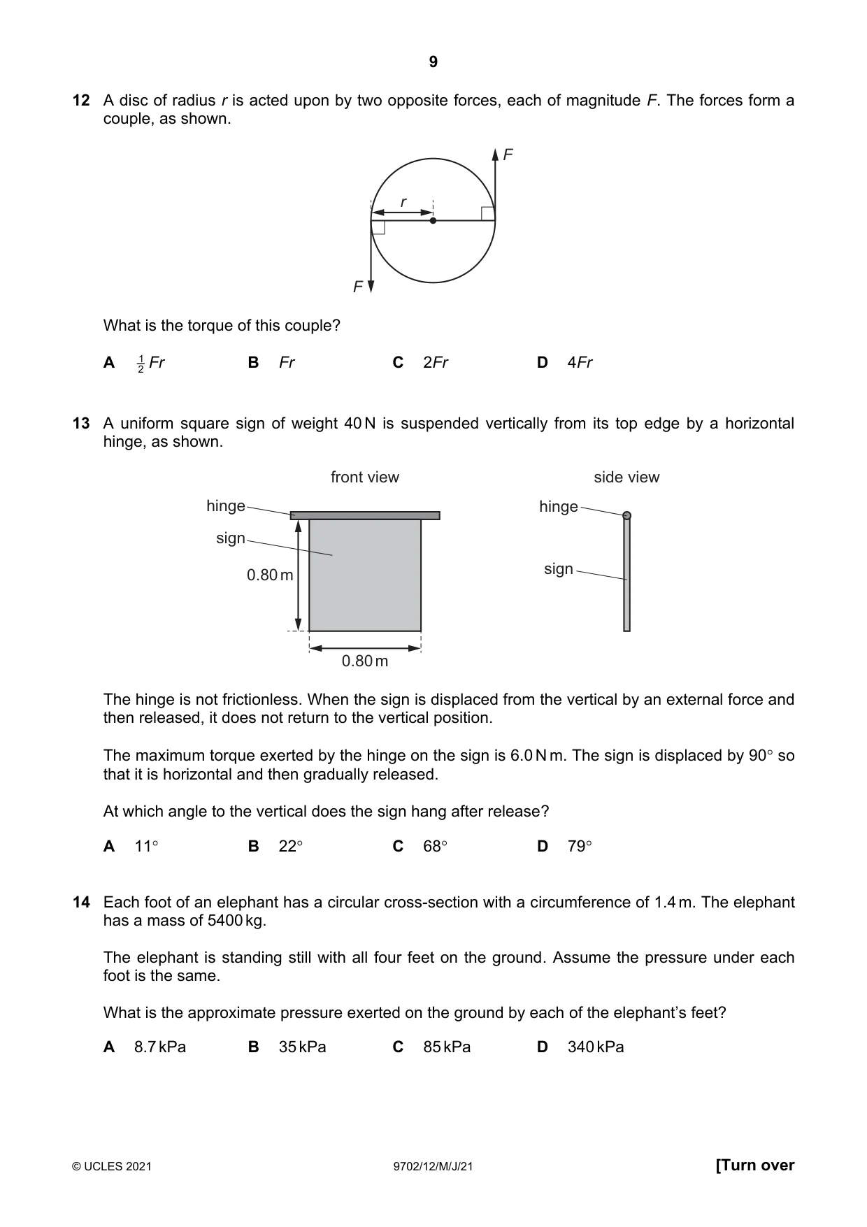 Cambridge A Level Physics 9702 2021 May/June Paper 1 · Variant 2 question paper, page 9 of 20