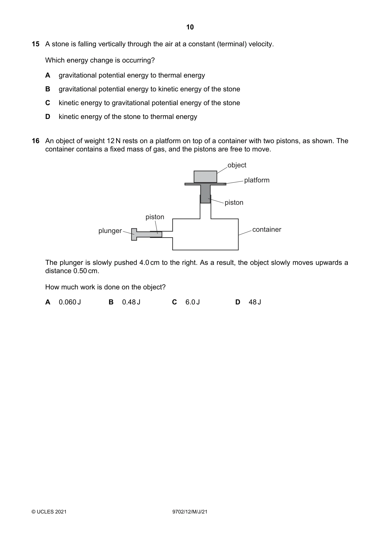 Cambridge A Level Physics 9702 2021 May/June Paper 1 · Variant 2 question paper, page 10 of 20