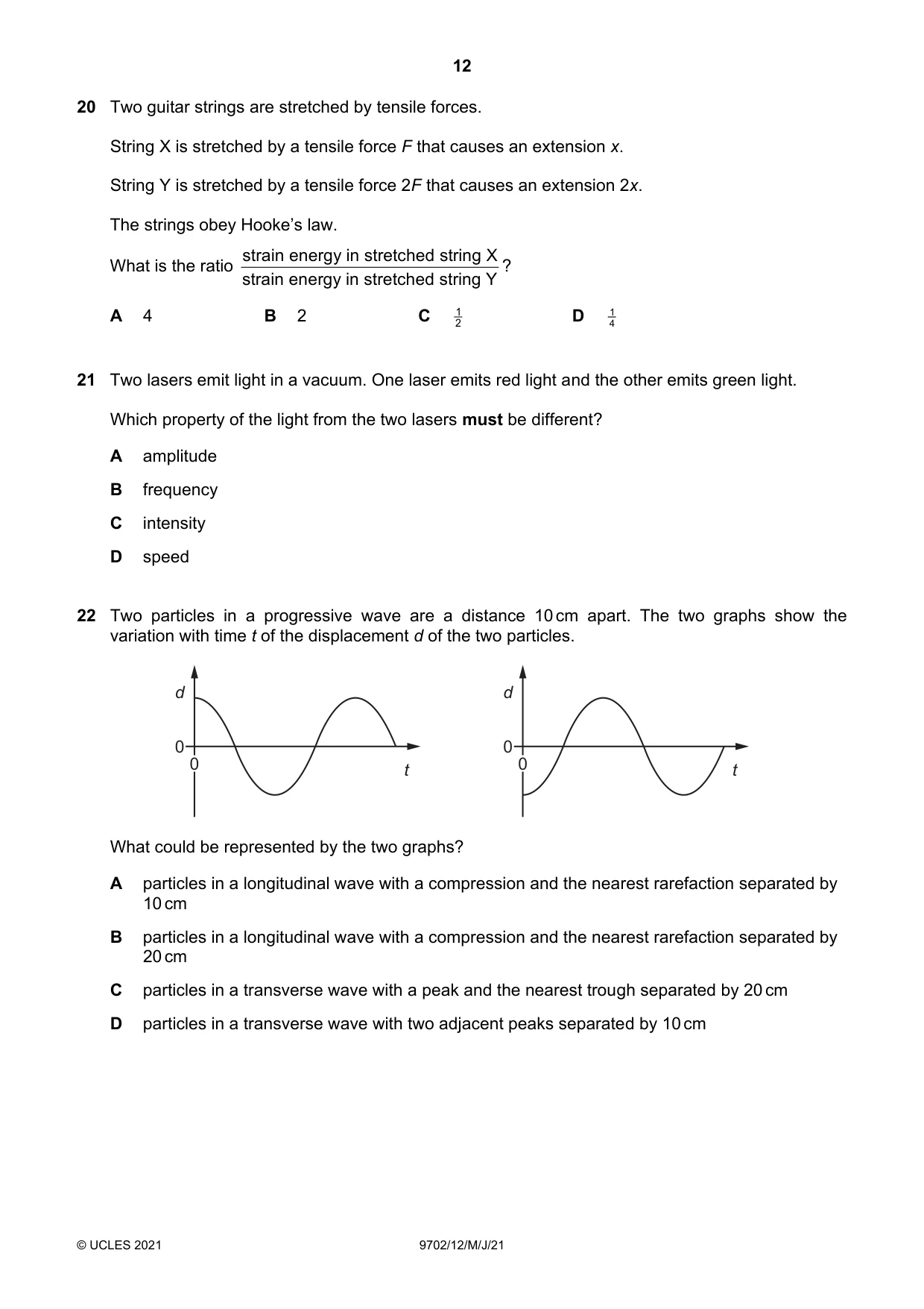 Cambridge A Level Physics 9702 2021 May/June Paper 1 · Variant 2 question paper, page 12 of 20