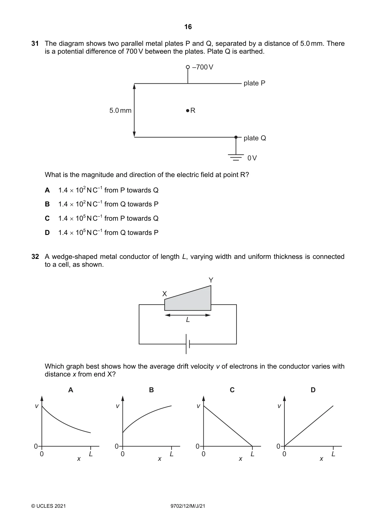 Cambridge A Level Physics 9702 2021 May/June Paper 1 · Variant 2 question paper, page 16 of 20