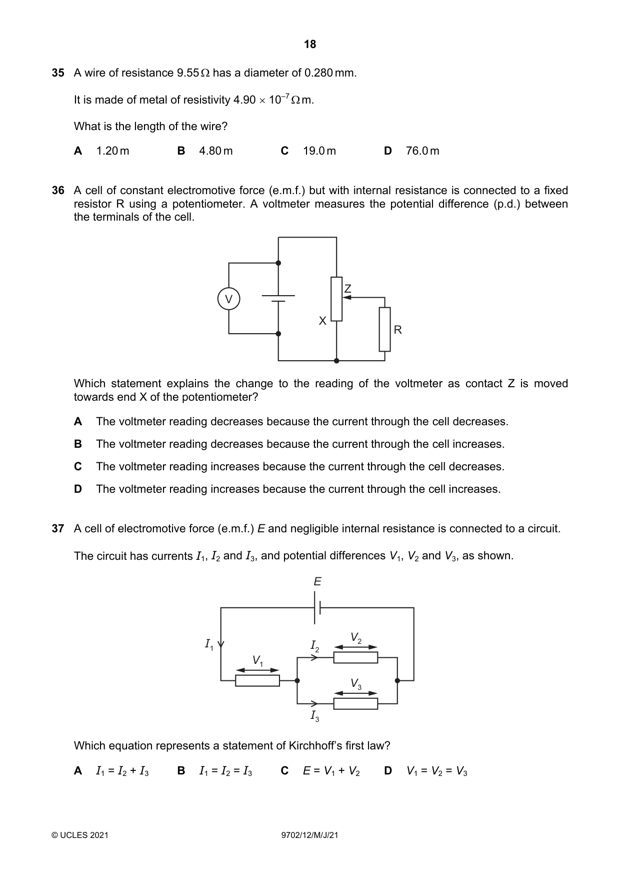 Cambridge A Level Physics 9702 2021 May/June Paper 1 · Variant 2 question paper, page 18 of 20