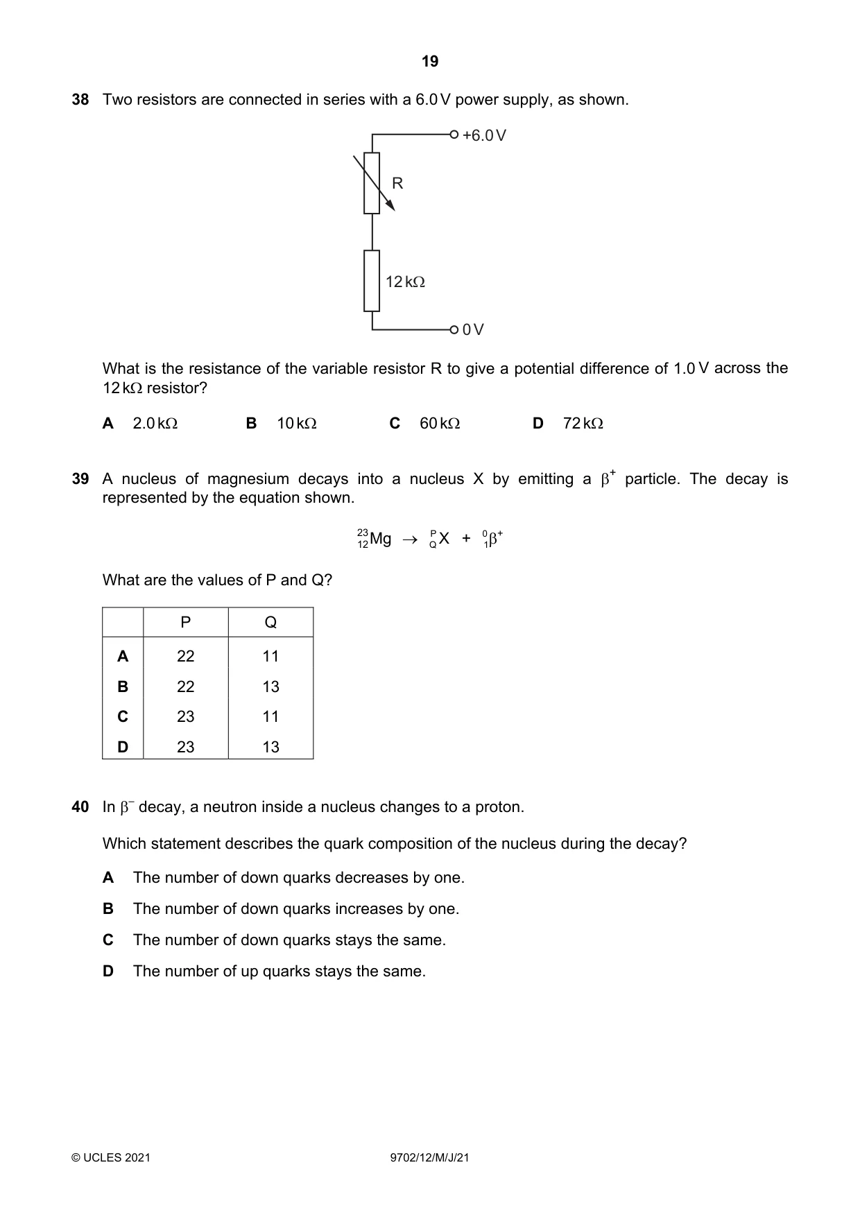 Cambridge A Level Physics 9702 2021 May/June Paper 1 · Variant 2 question paper, page 19 of 20