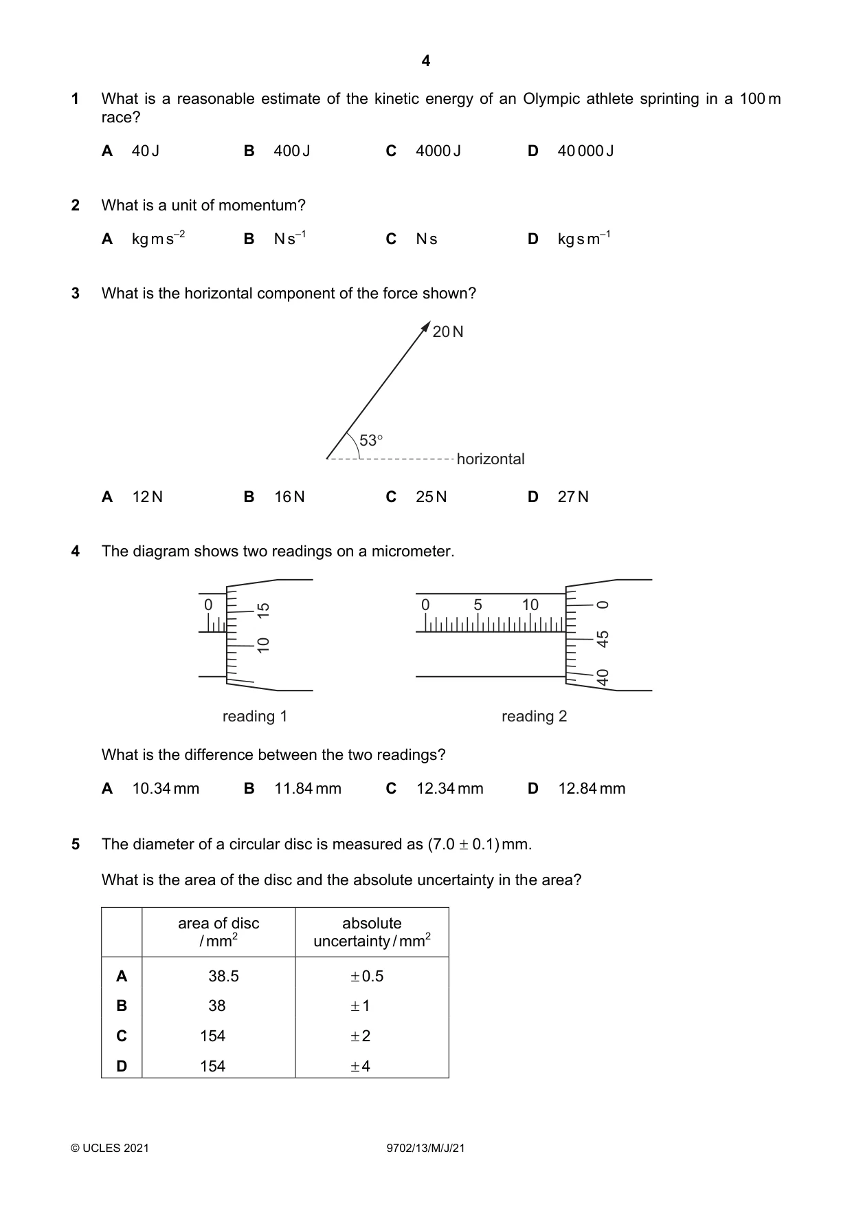 Cambridge A Level Physics 9702 2021 May/June Paper 1 · Variant 3 question paper, page 4 of 20