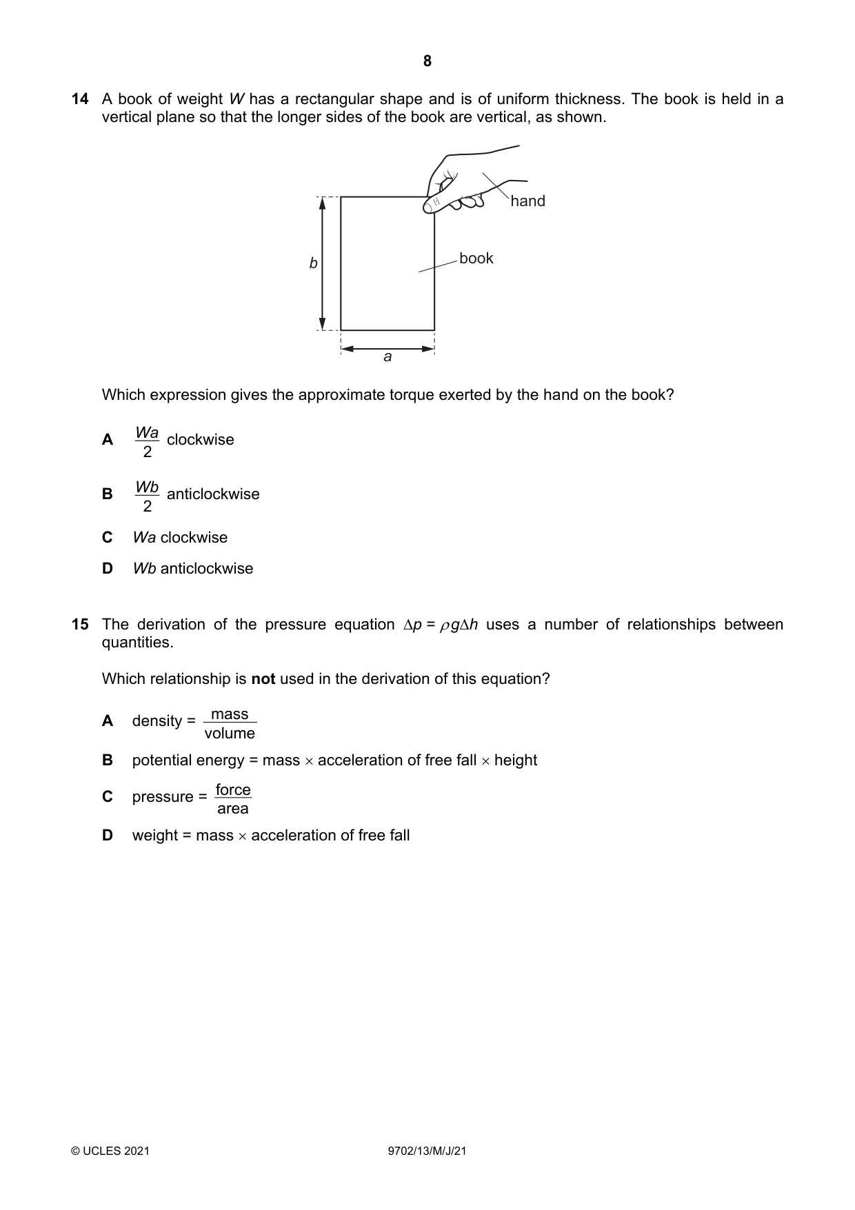 Cambridge A Level Physics 9702 2021 May/June Paper 1 · Variant 3 question paper, page 8 of 20