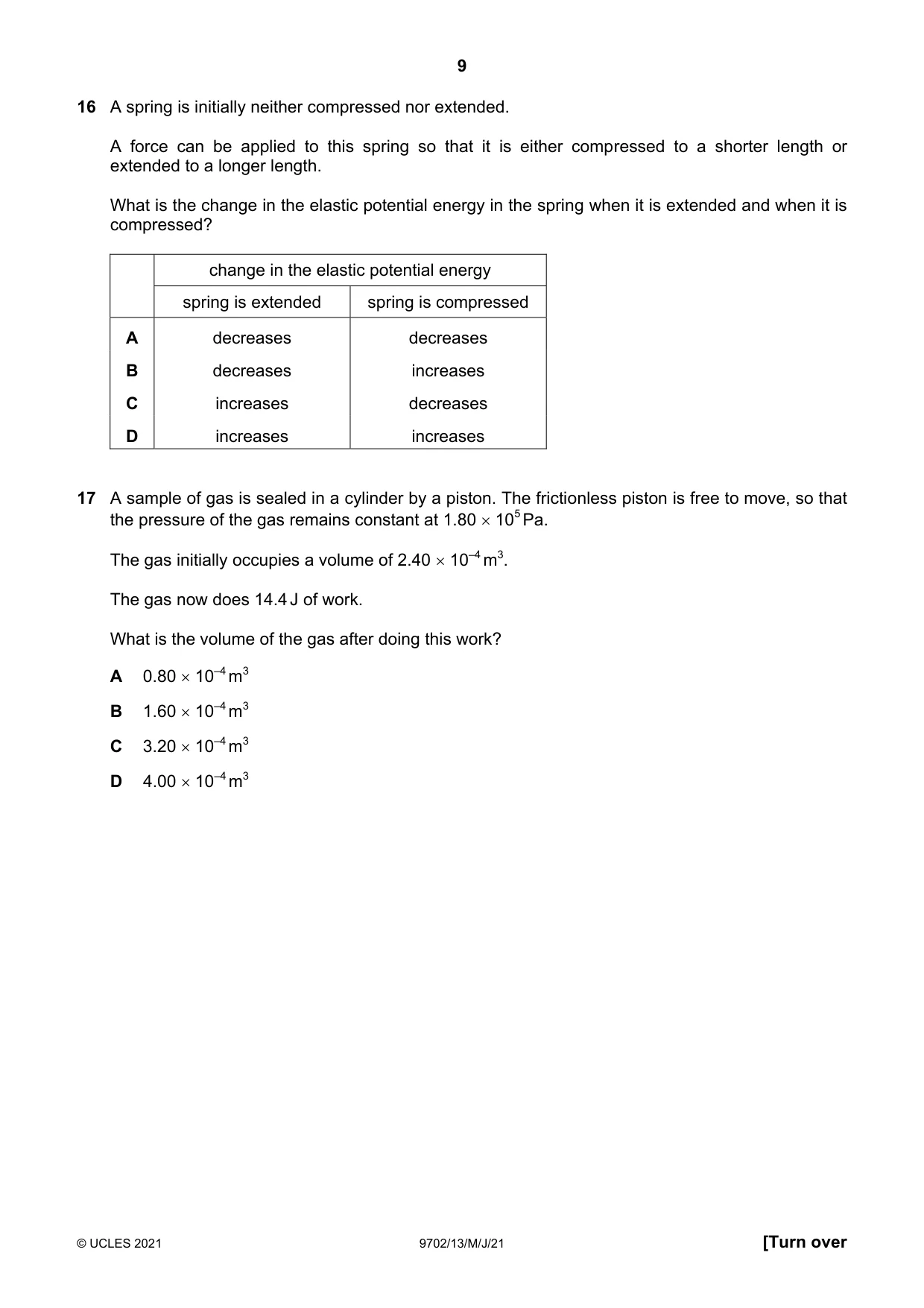 Cambridge A Level Physics 9702 2021 May/June Paper 1 · Variant 3 question paper, page 9 of 20