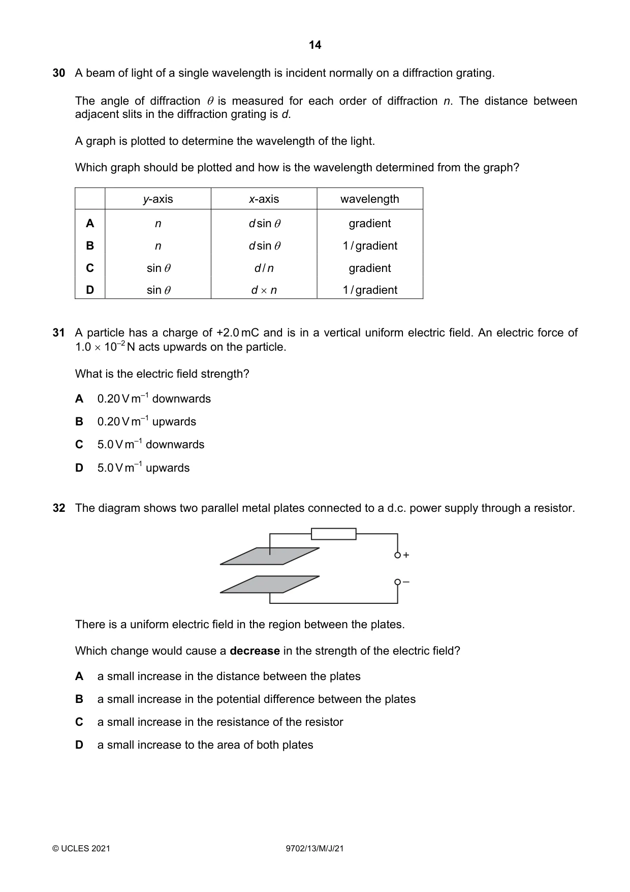 Cambridge A Level Physics 9702 2021 May/June Paper 1 · Variant 3 question paper, page 14 of 20