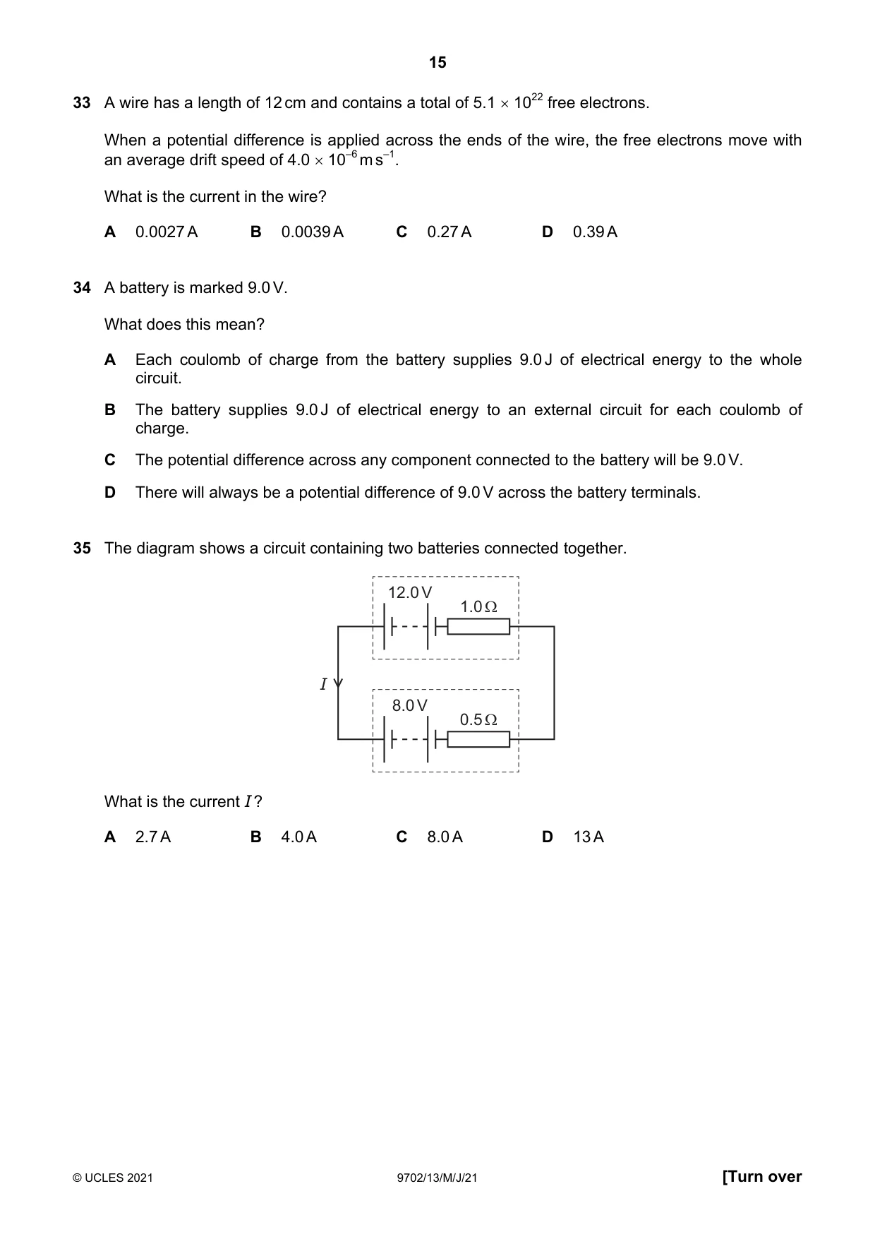 Cambridge A Level Physics 9702 2021 May/June Paper 1 · Variant 3 question paper, page 15 of 20