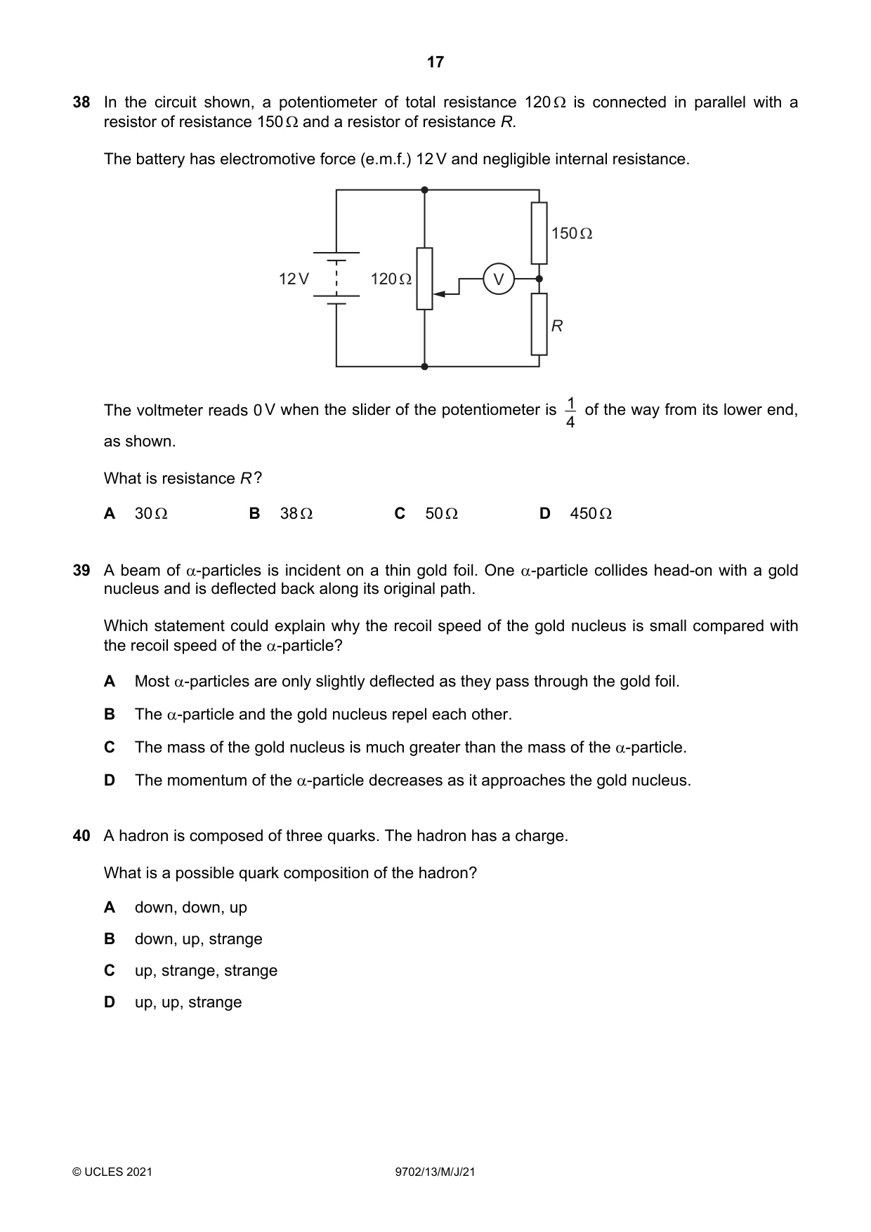 Cambridge A Level Physics 9702 2021 May/June Paper 1 · Variant 3 question paper, page 17 of 20